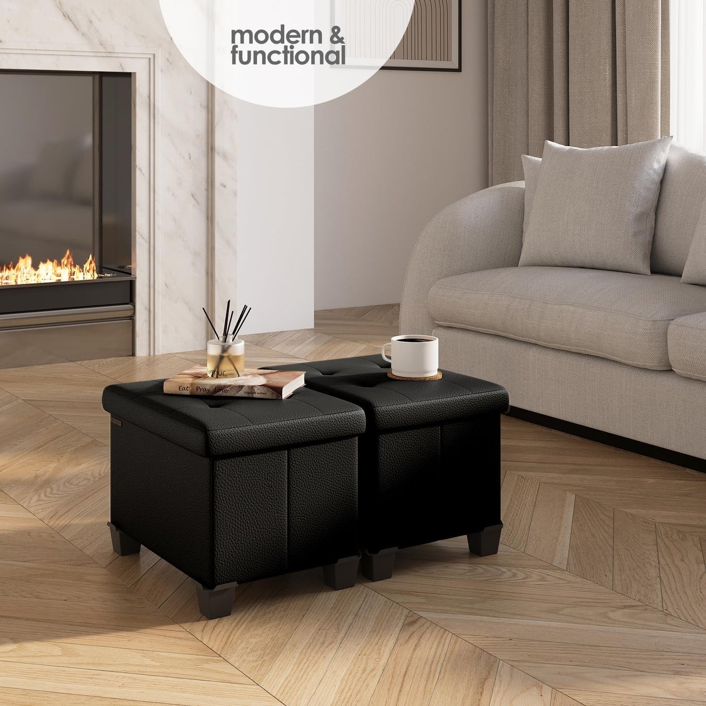 STORAGEBUD Storage Ottoman Cube with Small Bin, 16-in Square Ottoman with Storage for Living Room and Bedroom, Small Ottomans Foot Rest, Faux Leather Foot Stools Ottomans Max 330lbs, Black