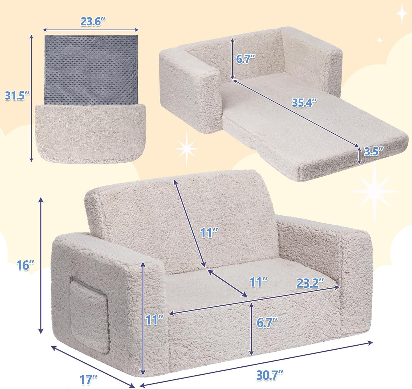 ALIMORDEN Fold Out Toddler Couch, Extra Wide Comfy 2-in-1 Cuddly Sherpa Sofa for Kids, with Removable Baby Friendly Blanket, Convertible Sofa to Bed, Light Grey