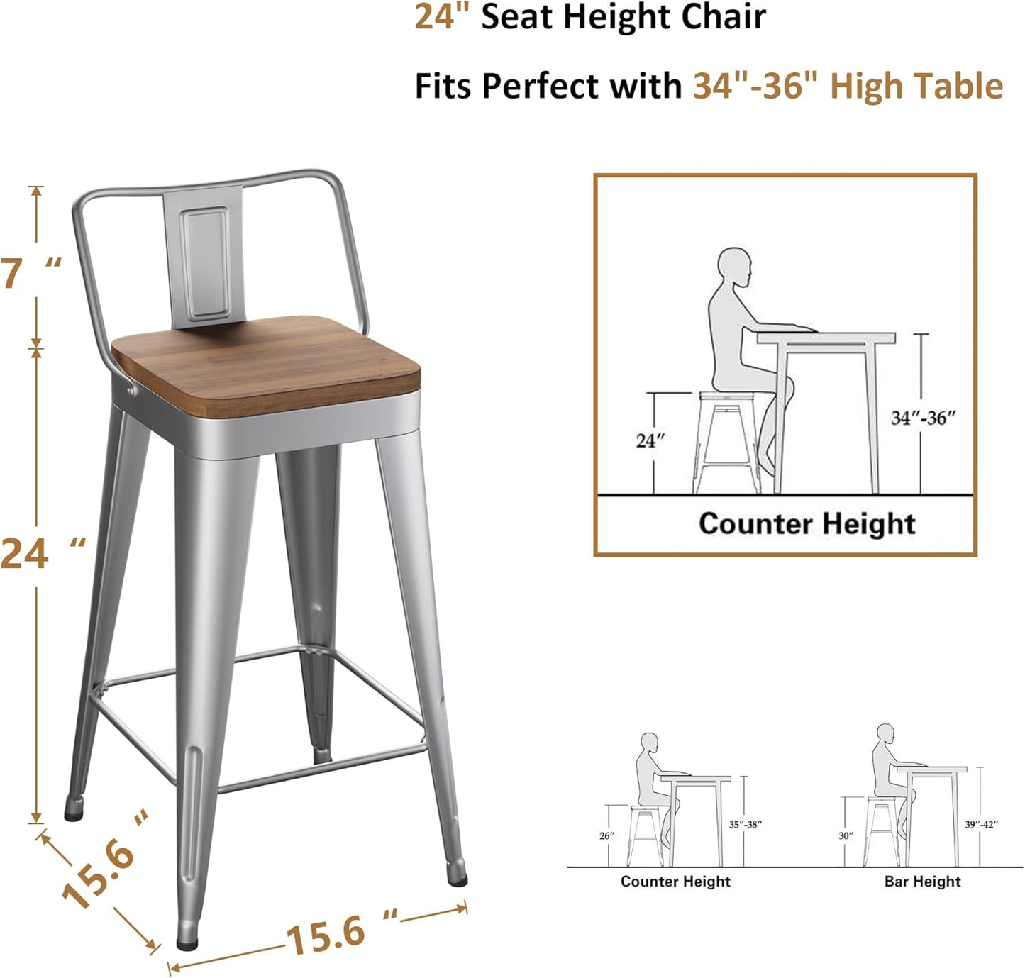 WENTMENT Bar Stools Set of 4 Counter Height Stools with Removable Back 24" Kitchen Bar Stools with Wooden Seat, Silver