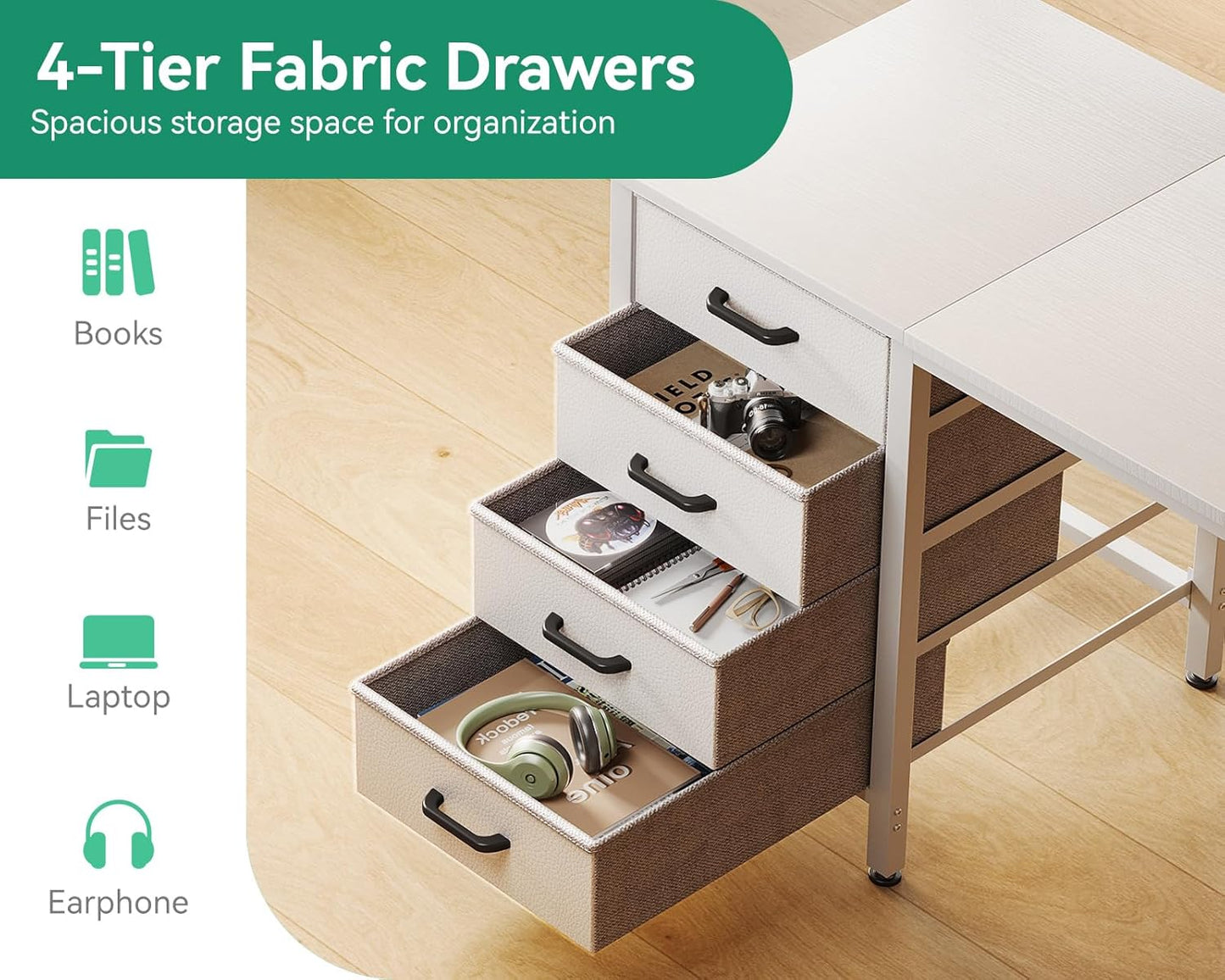 Casaottima 40-Inch Small Computer Desk with 4 Fabric Drawers — Home Office Desks with Storage, Writing Desk with Side Hook and Cloth Bag, Modern Study/Work Table for Bedroom and Small Space, White