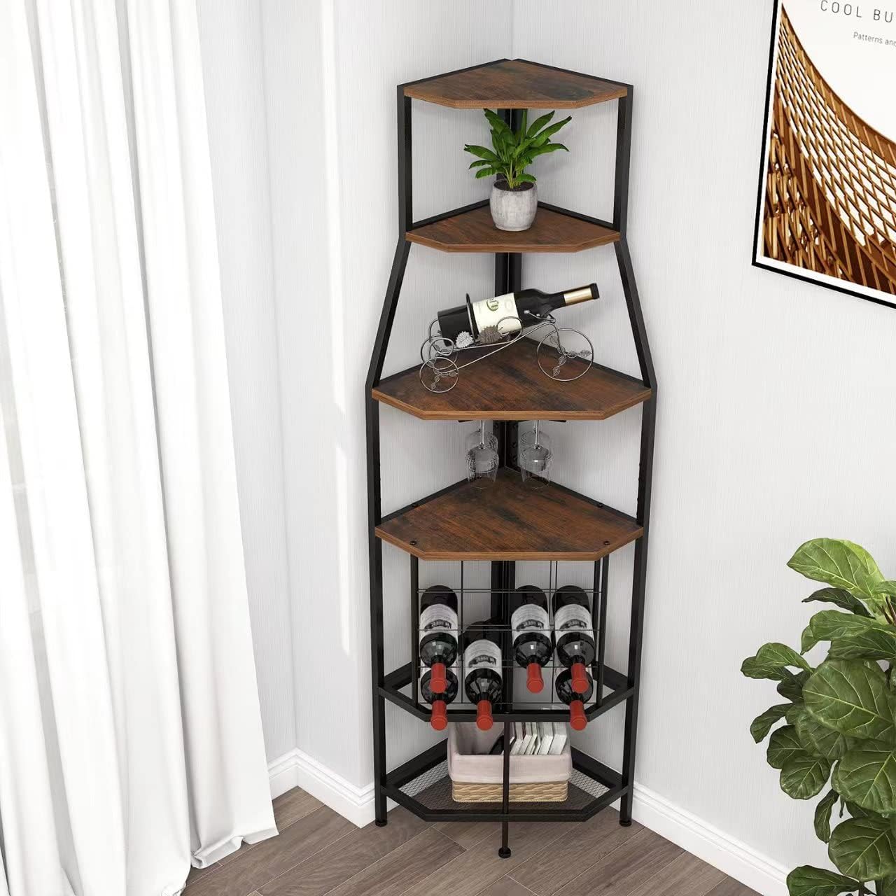 5-Tier Corner Wine Rack Floorstanding with Glass Holder and Bottles Wine Storage Home Bar Furniture for Home Kitchen Dining Room Industrial Metal and Wooden Corner Shelf