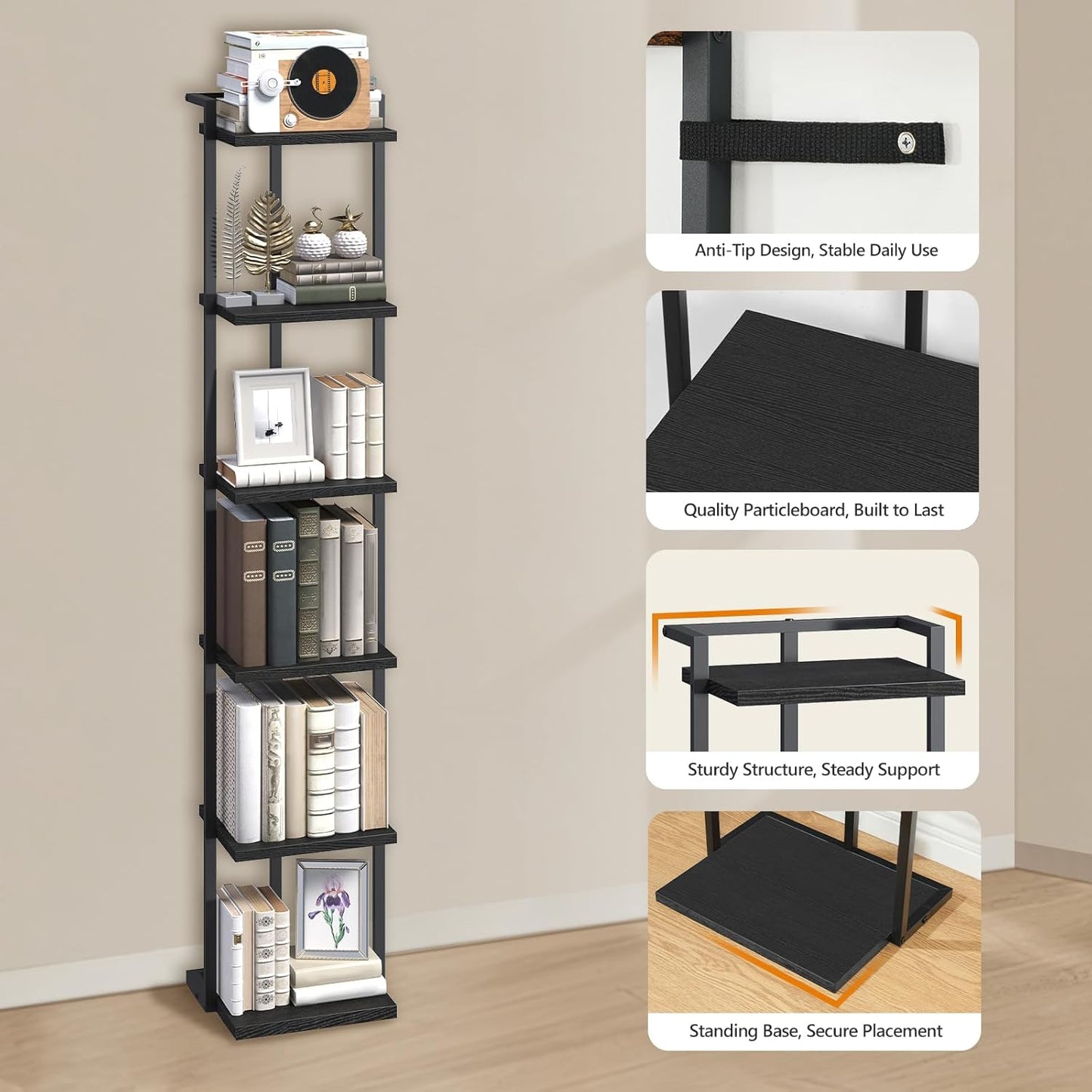 Bookshelf, 6-Tier Bookcase, Vertical Tall Narrow Book Shelf for Small Space, Open Storage Display Shelf with Stable Base & Anti-Tip Kits, for Living Room, Office, Study, Black BKBK11601