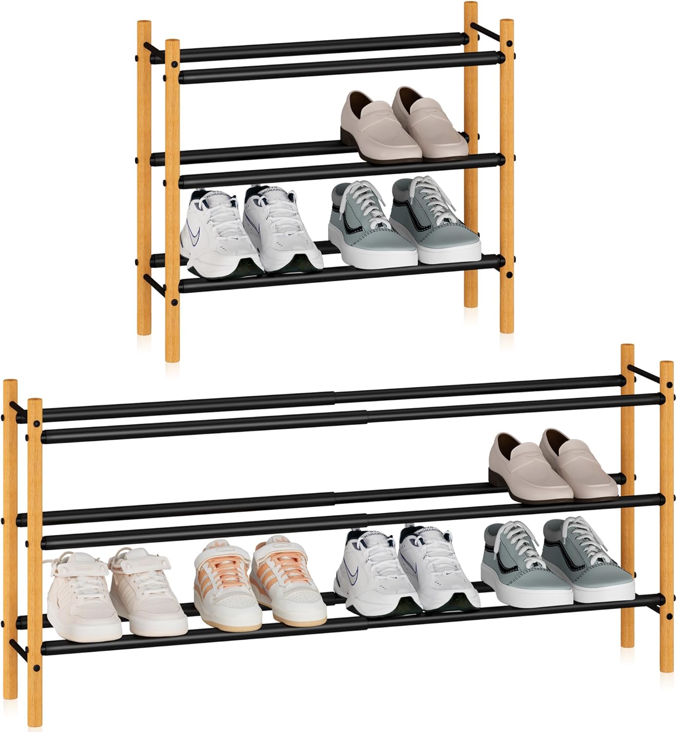 STORAGE MANIAC Expandable Shoe Rack, 16 Pairs Stackable Small Shoe Rack, Metal Adjustable Shoes Organizer for Closet, Entryway, Hallway, Garage, Front Door, Shoes Shelves, Bamboo 4 Tier