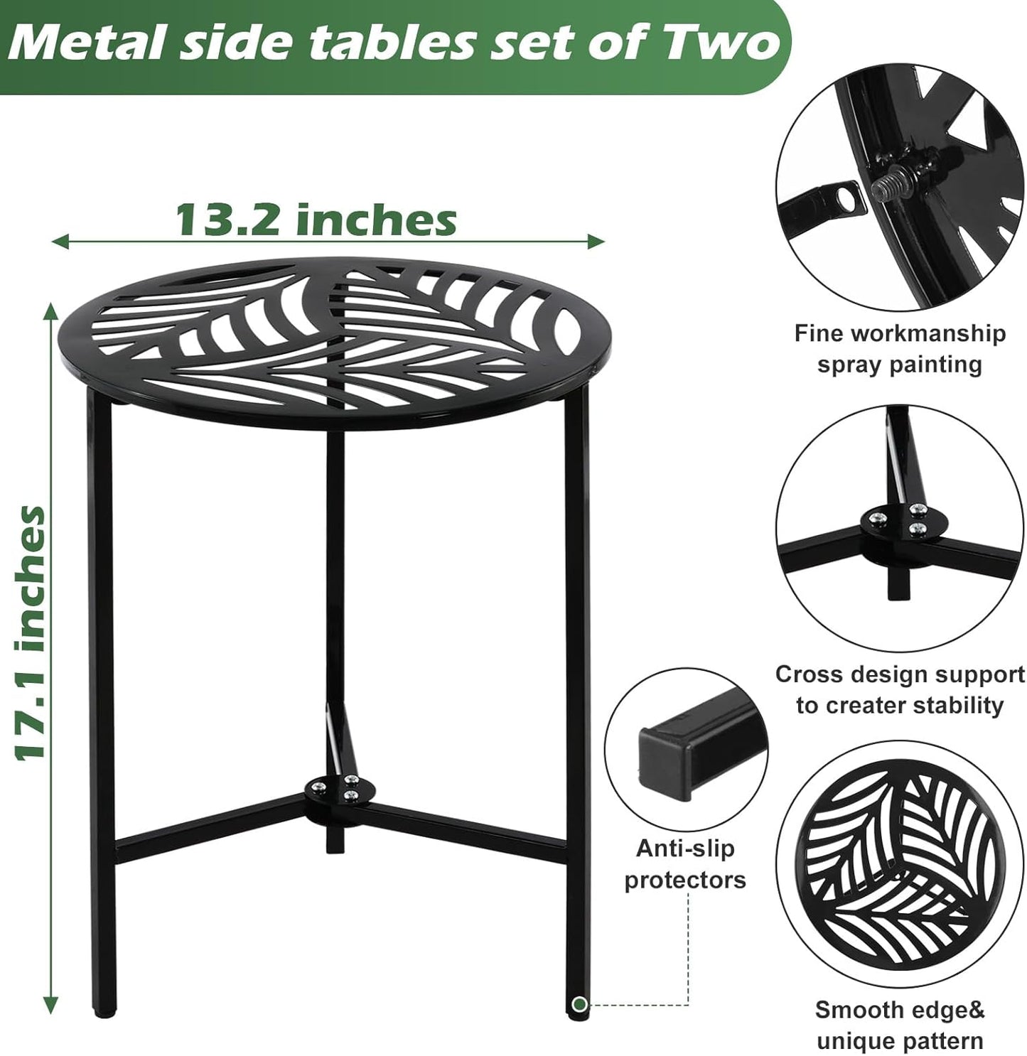 2 Packs 13" Metal Outdoor Side Tables Small Black Outside End Table for Patio Round Accent Garden Corner Stand for Small Spaces Weather-resistant Coffee Table for Balcony Porch Plant Stand