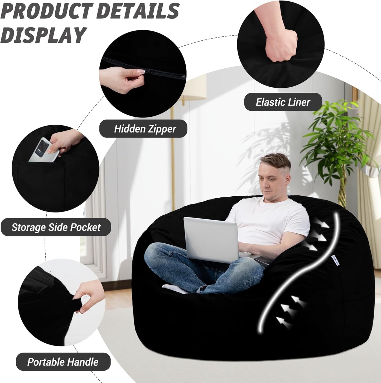 3FT Bean Bag Chair with Ultra Soft Velvet Cover Bean Bag Sofa with Memory Foam Bean Bag Chairs with Large Size Lazy Sofa for Dorm Office Living Room Bedroom Black 3'