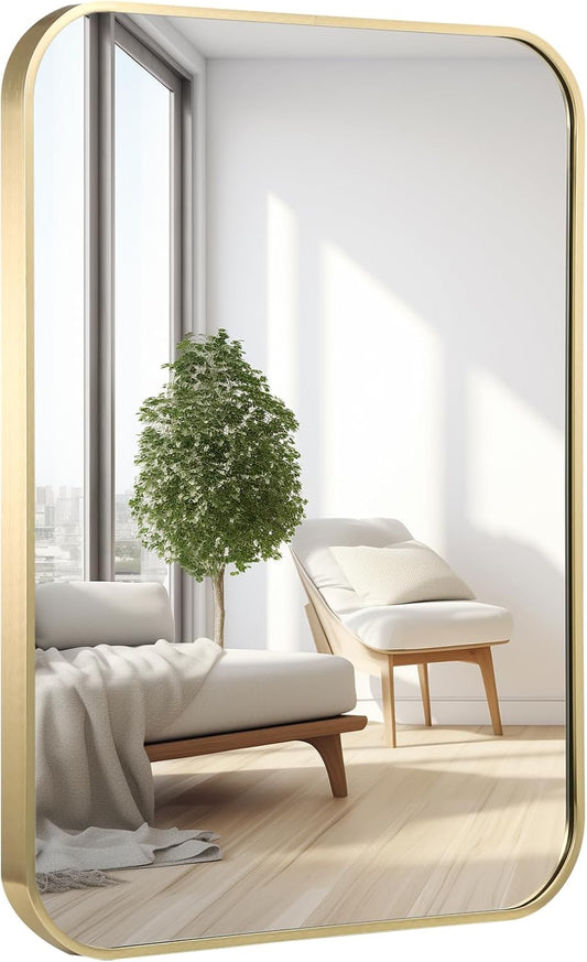 20x30 Inch Bathroom Mirror for Wall, Gold Framed Rectangle with Rounded Corner, Aluminum Alloy Brushed for Bedroom or Living Room, Vertical or Horizontal