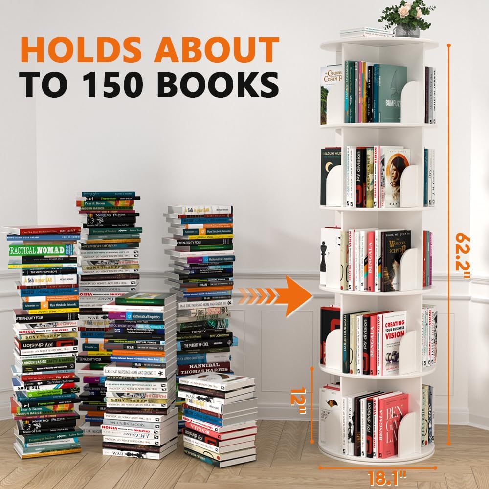 Nidouillet Rotating Bookshelf Tower, 5 Tier Spinning Bookcase Lazy Susan, Revolving 360 Book Shelf Storage Round Organizer, Vertical Rotate Turning Corner Book Case for Small Space, White