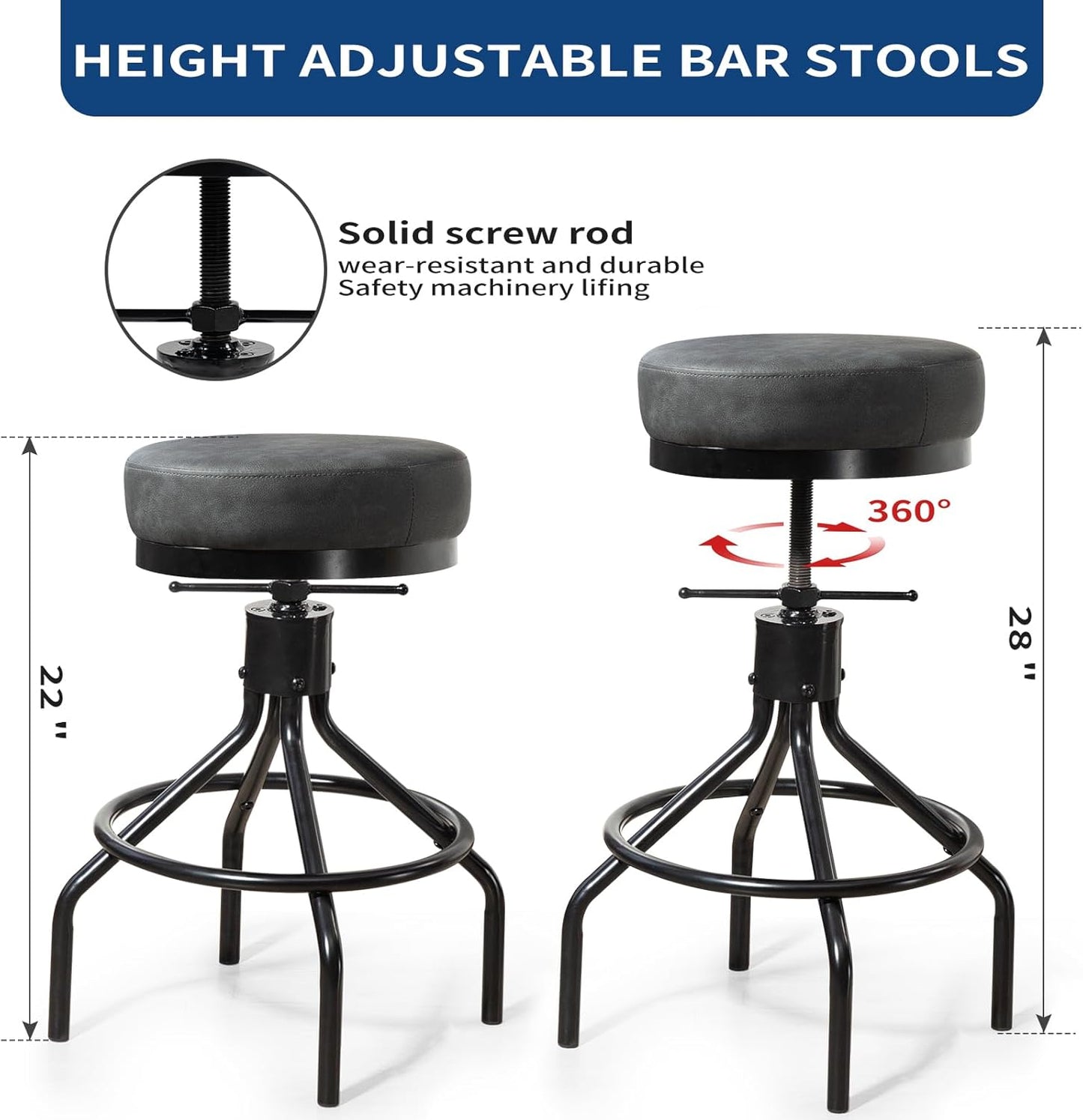 Swivel Bar Stools Adjustable Industrial Barstools Metal Modern PU Leather 28inch Round Backless Counter Height Stool Bar Chair for Kitchen Island (1, Grey)