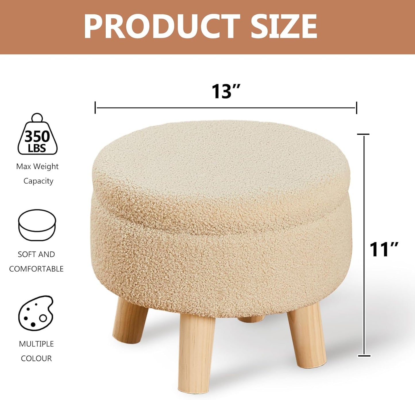 Wimarsbon Storage Ottoman, Modern Round Footrest with Soft Padded Seat, Teddy Velvet Footstool with Wood Legs, Accent Small Table or Plant Stand for Hallway, Living Room (Off-White)