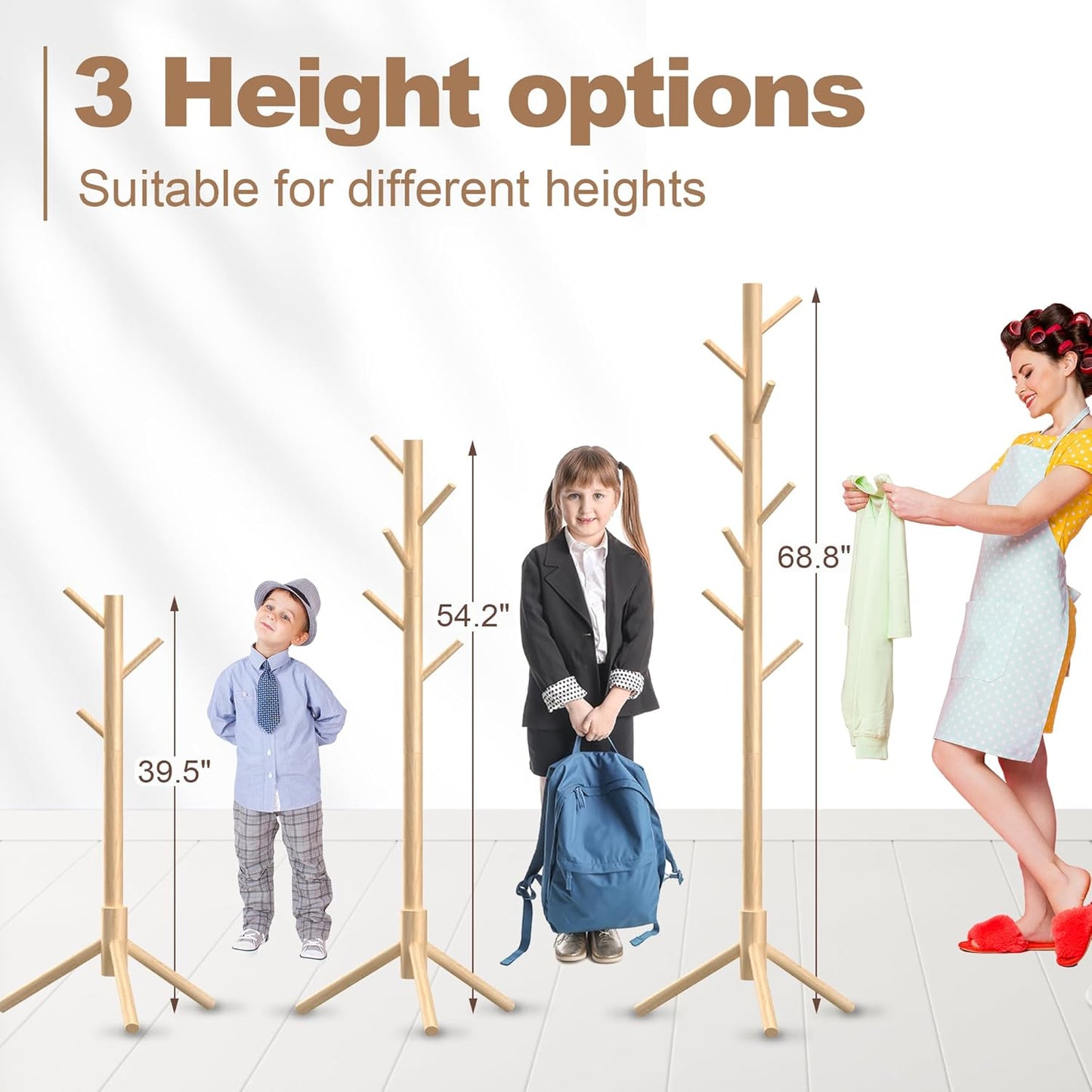 Wooden Coat Rack Stand, Freestanding Coat Rack with 8 Hooks, 3 Adjustable Size Coat Tree for Hats, Coats, Scarves bags, Coat Hanger Stand Used in Bedroom/Office/Entryway (Natural)