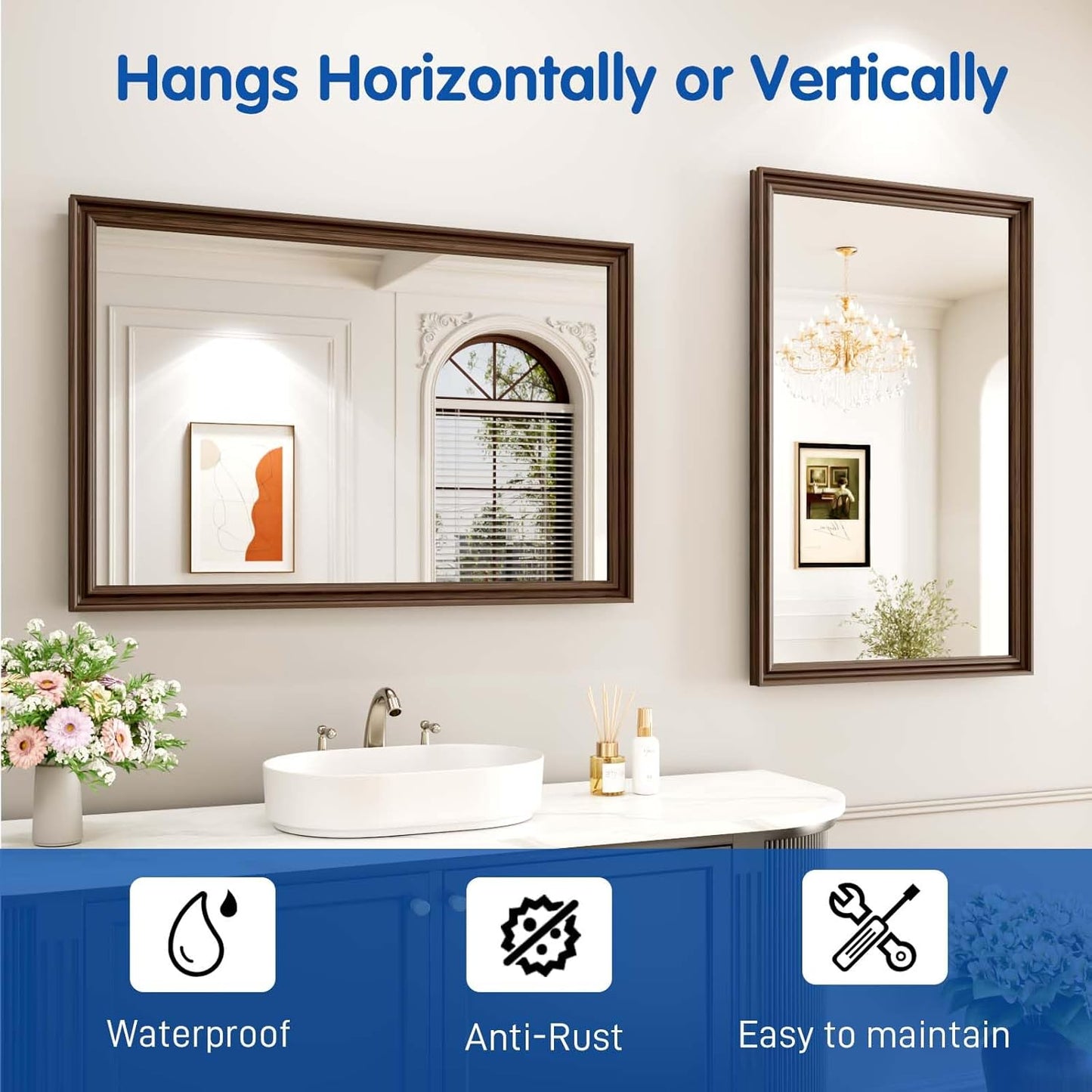 WEER Retro Copper Bathroom Mirror, 24x36 Inch Bronze Oil Rubbed Framed Mirror, Rectangle Classic Vintage Framed Wall Mirror, Farmhouse Vanity Mirror, Tempered Glass, Vertically or Horizontally