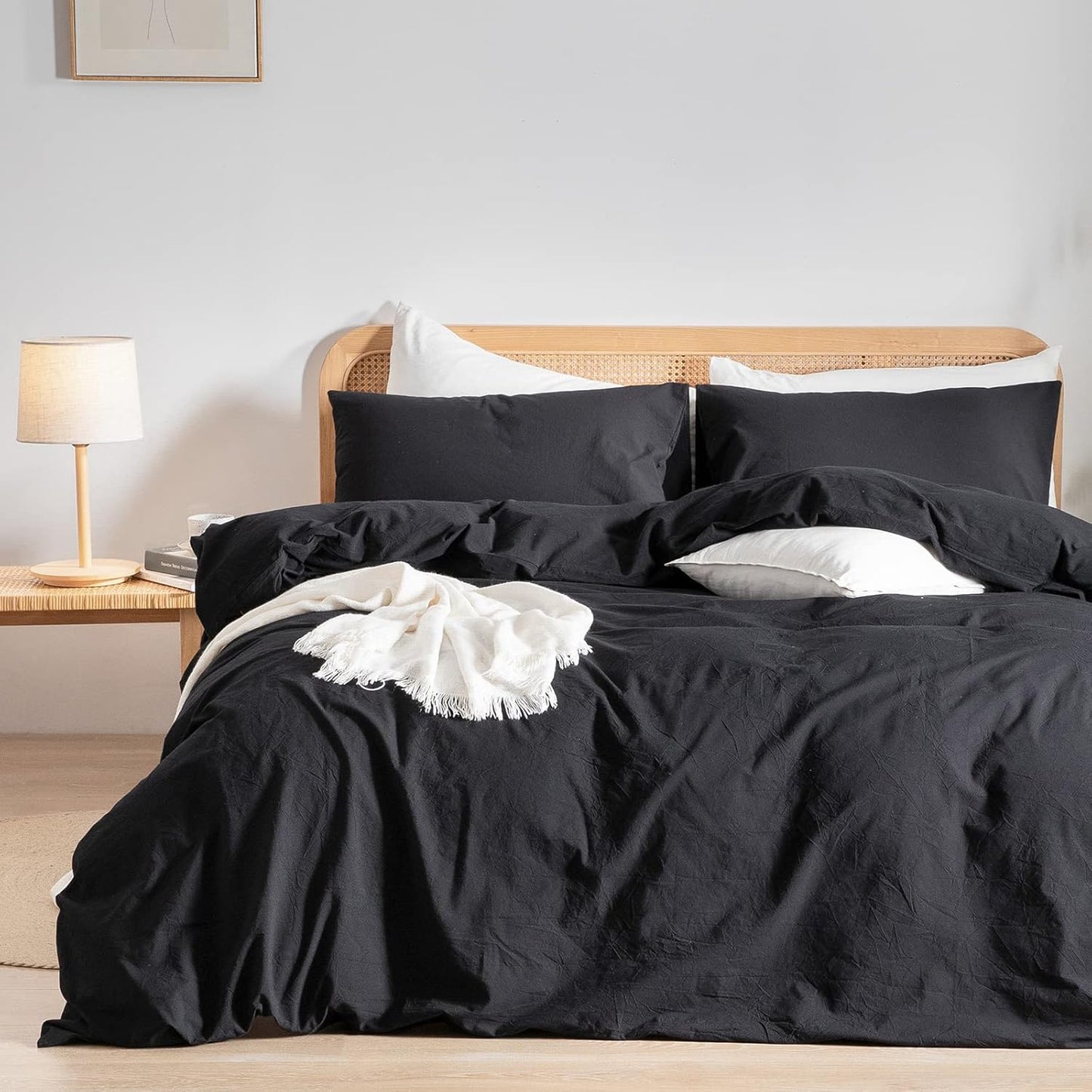 BESTOUCH Duvet Cover Set 100% Washed Cotton Linen Feel Super Soft Comfortable Chic Lightweight 2 PCs Home Bedding Set Solid Deep Black Twin/Twin XL