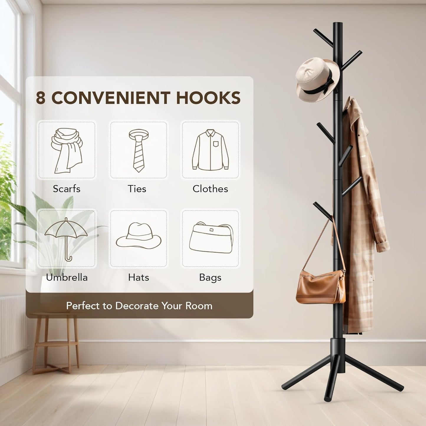 Wooden Tree Coat Rack Stand,Sturdy Freestanding Coat Rack with 8 Hooks,3 Adjustable Height for Child Adult,Wood Coat Stand Tree Fits Entryway Bedroom Office for Bags,Hats, 2 Pack