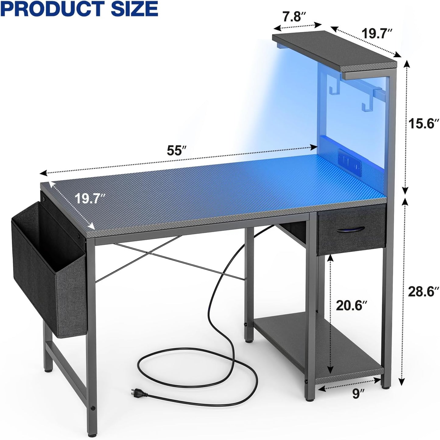 Gaming Desk 55 Inch with Power Outlet and LED Light, Computer Desk with Reversible Shelves and Storage Drawer, Pc Small Desk for Home Office Table with Bag, Carbon Fiber Grey