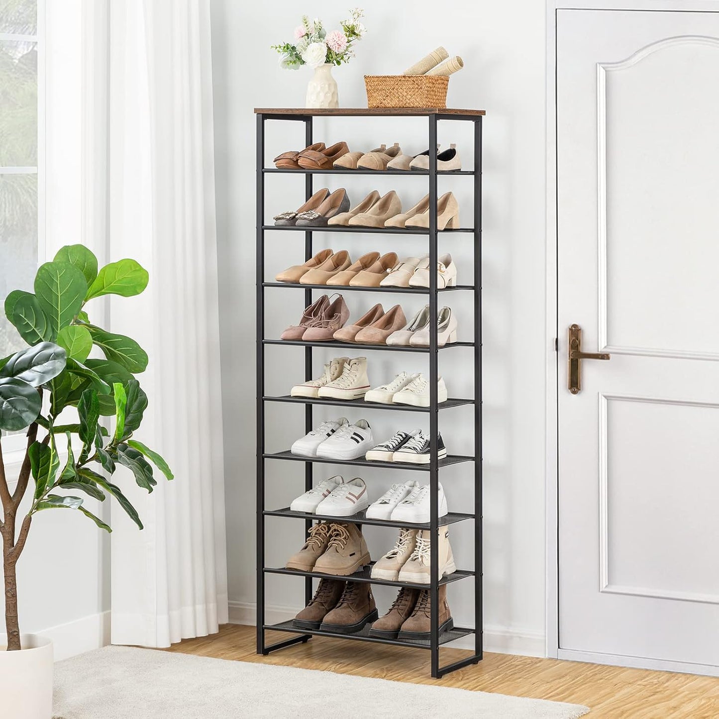 HOOBRO 10-Tier Shoe Rack, 23.6" L Shoe Storage Organizer, Large Capacity Shoe Shelf for Front Door Entrance, Entryway, Hallway, Holds 27-30 Pairs of Shoes, Closet, Rustic Brown BF601XJ01