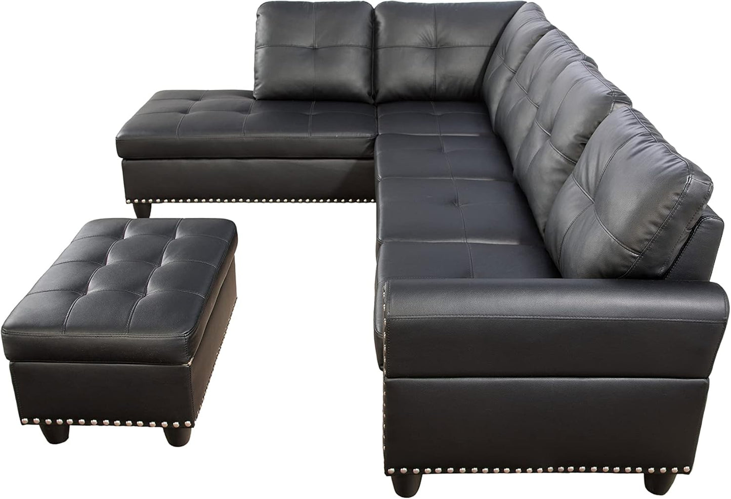 L Shaped Sectional Sofa with Ottoman, Nail-Head Design Leather Right Facing Modern Couches with Cup Holder for Living Room, Bedroom, Office, Black Leather