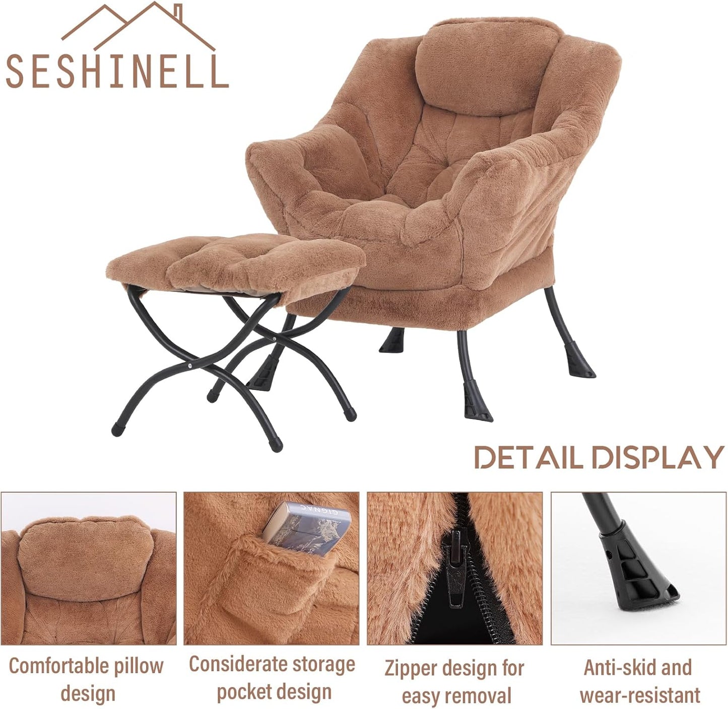 Lazy Chair with Ottoman, Modern Accent Chair Lounge Leisure Sofa Chair with Armrests, Reading Chair and Folding Footstool for Living Room, Bedroom, Office, Plush Brown