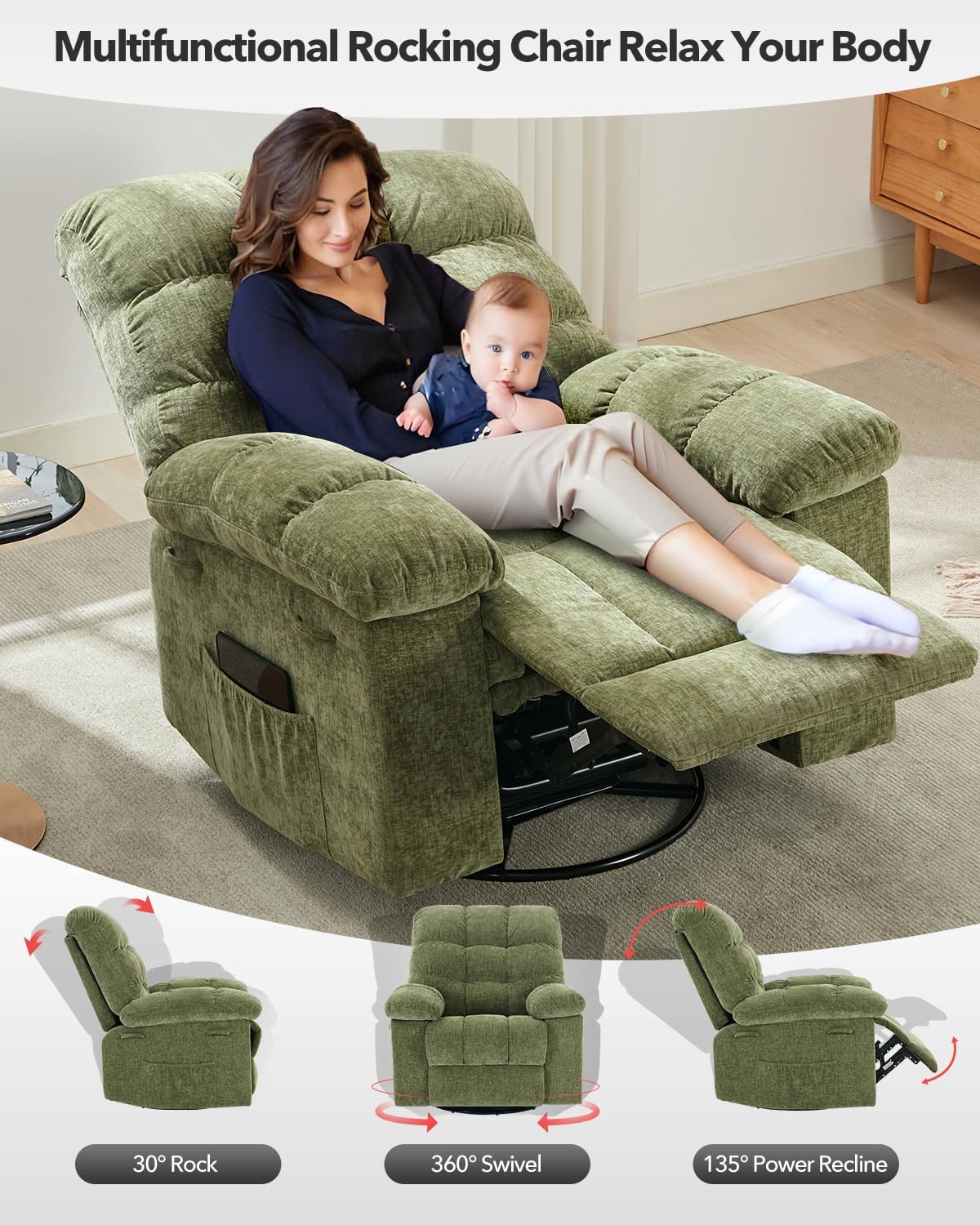 Rocking Recliner Chair,360° Swivel Rocker Chair for Living Room,Upholstered Fabric Glider Nursery Chair with Side Pockets for Small Spaces,Q235 Steel Frame Lazy Boy Recliner Single Sofa(Green)