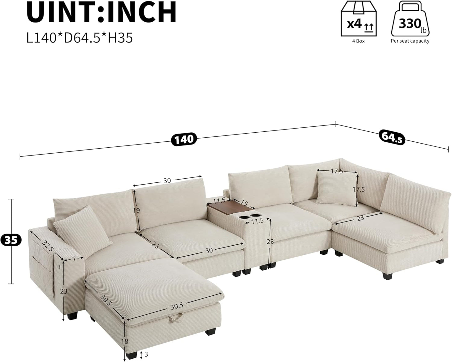 Merax 140'' Oversized Modular Sectional Sofa with Storage Ottoman and Console, Removable Storage Pockets, Cup Holder, Wide Seat, USB Charger, 6 Seat U Shaped Chenille Couch Set for Living Room, Beige