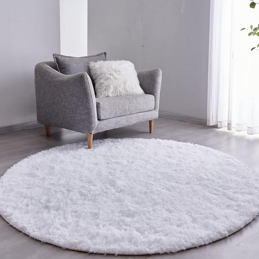 FJZFING White Round Rug Ultra-Soft Plush Modern 5x5 Circle Area Rug for Kid's Bedroom, Fluffy Shag Circular Rug for Nursery Room, Non-Slip Home Decor Cute White Carpet for Teen's Room