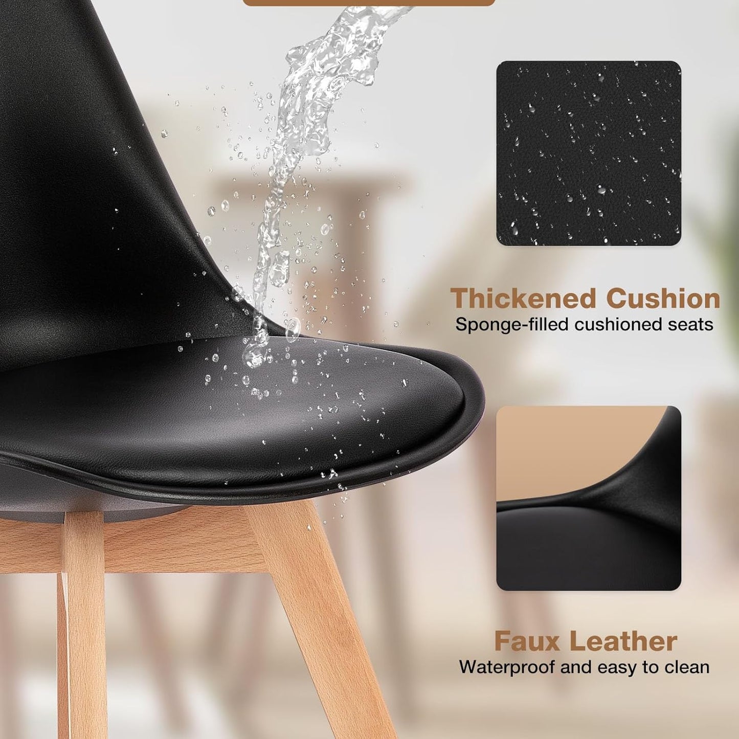 OLIXIS Dining Chairs Set of 8 Kitchen Mid Century Modern Chairs with Wood Legs and PU Leather Cushion for Living Room Bedroom Outdoor Lounge, Black