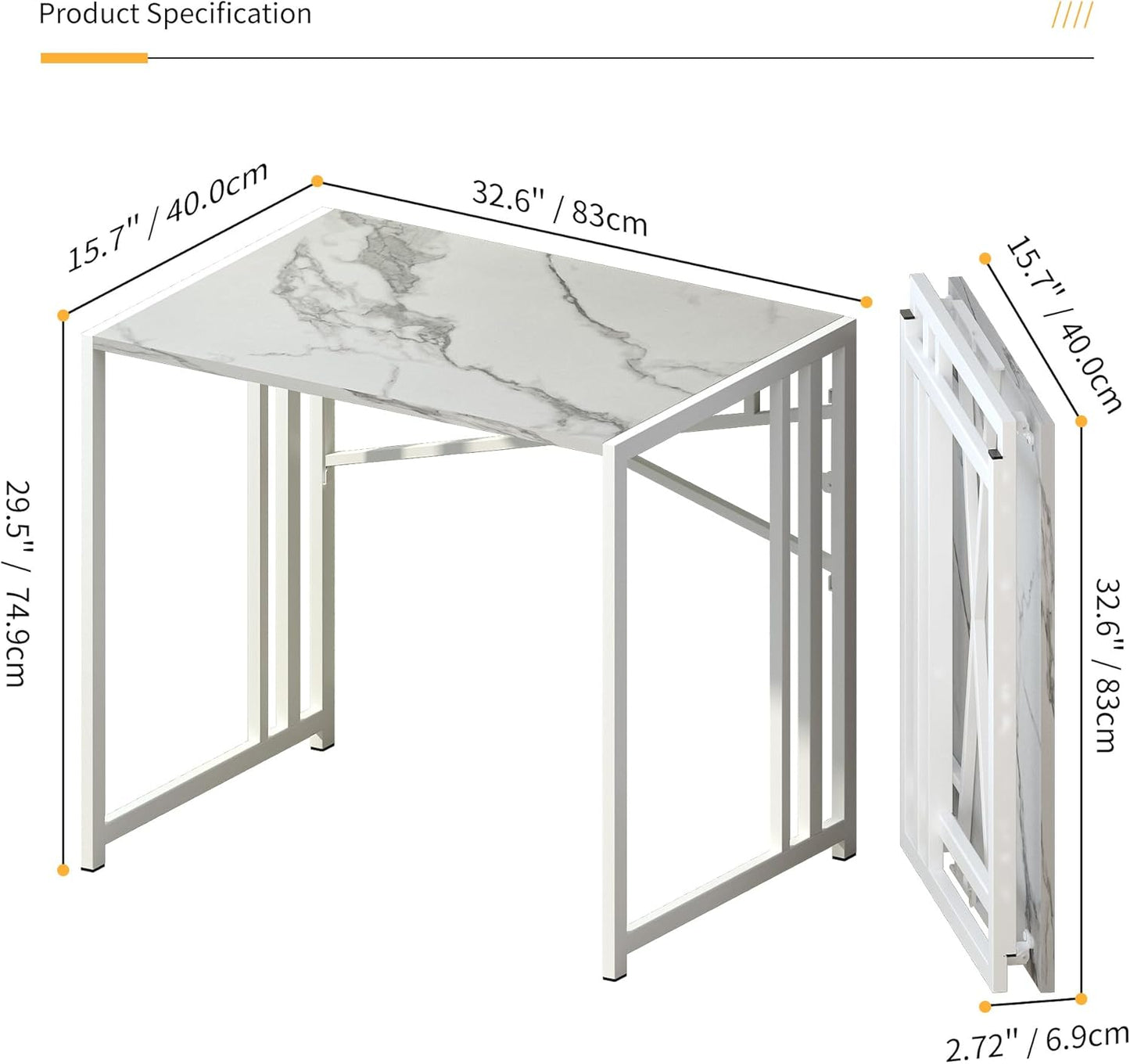 32 inch Folding Small Desk, Writing Gaming Computer Camping Desk for Small Spaces, No Assembly Required Home Office Desk, White Marble