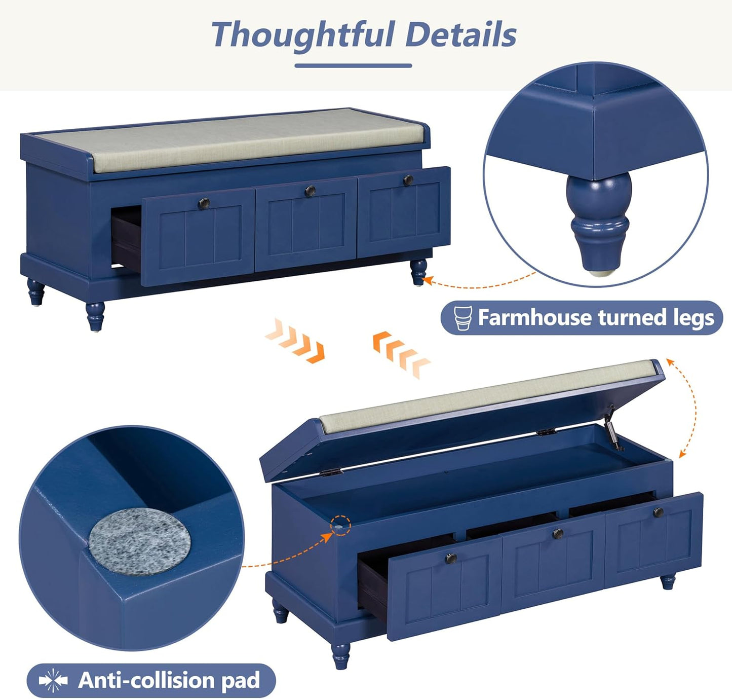 Merax Classic Storage Bench with Cushioned Seat and Three Drawers for Entryway & Living Room & Bedroom, Navy Blue