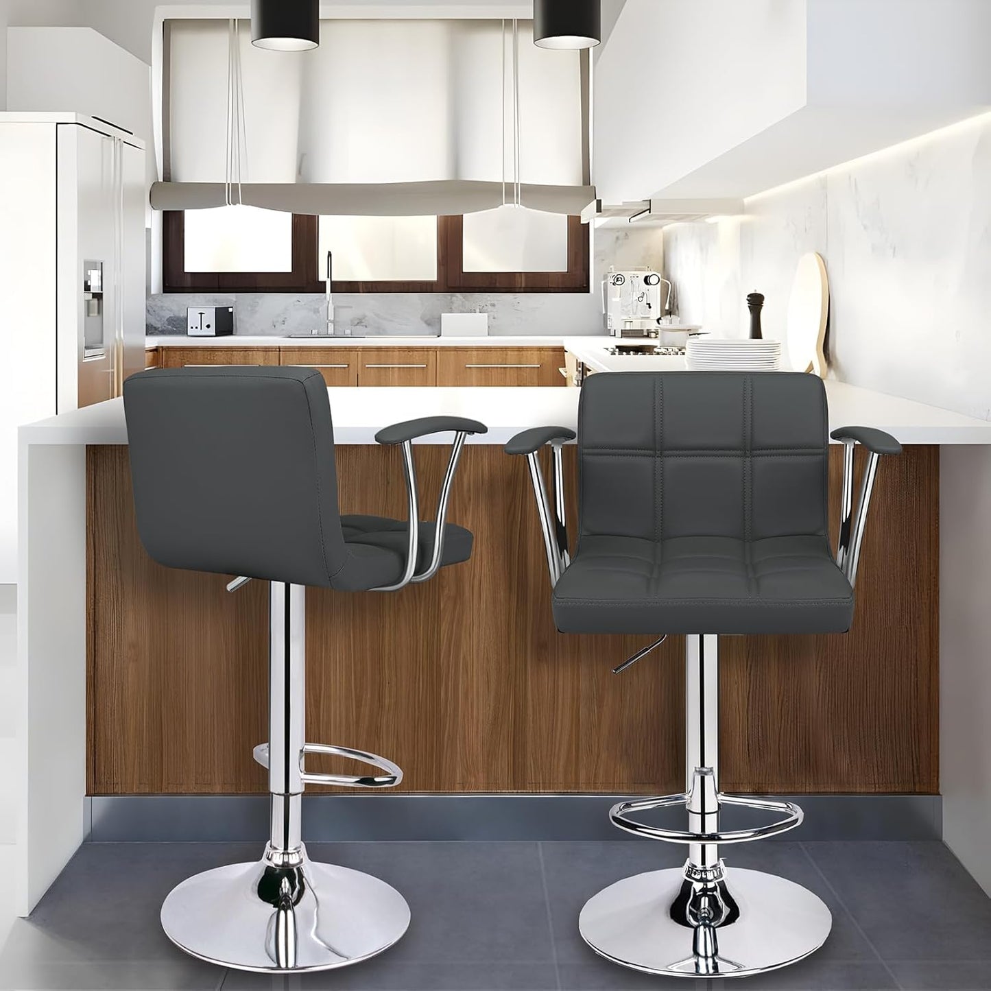 Bar Stools Set of 2,Armrest Adjustable Swivel Barstools with Back,Double Needle PU Leather Counter Height Bar Stools for Kitchen Island, Grey