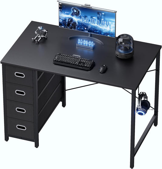 Pamray 40 Inch Computer Desk with 4 Drawers Small Office Desk for Home Bedroom Study Writing Simple Modern Computer Table Black