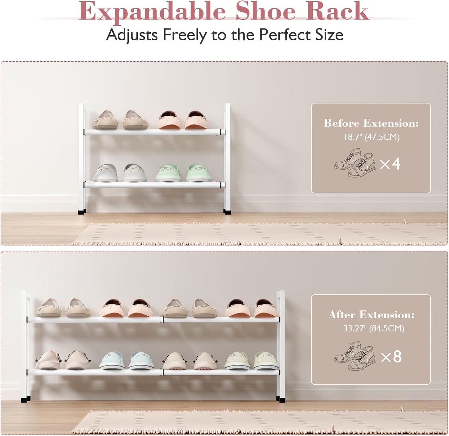 Bumusty 2-Tier Expandable Shoe Rack for Closet, 18“-33” Adjustable Shoe Rack for Small Space, Small Shoe Organizer for Front Door, Sturdy Metal, White