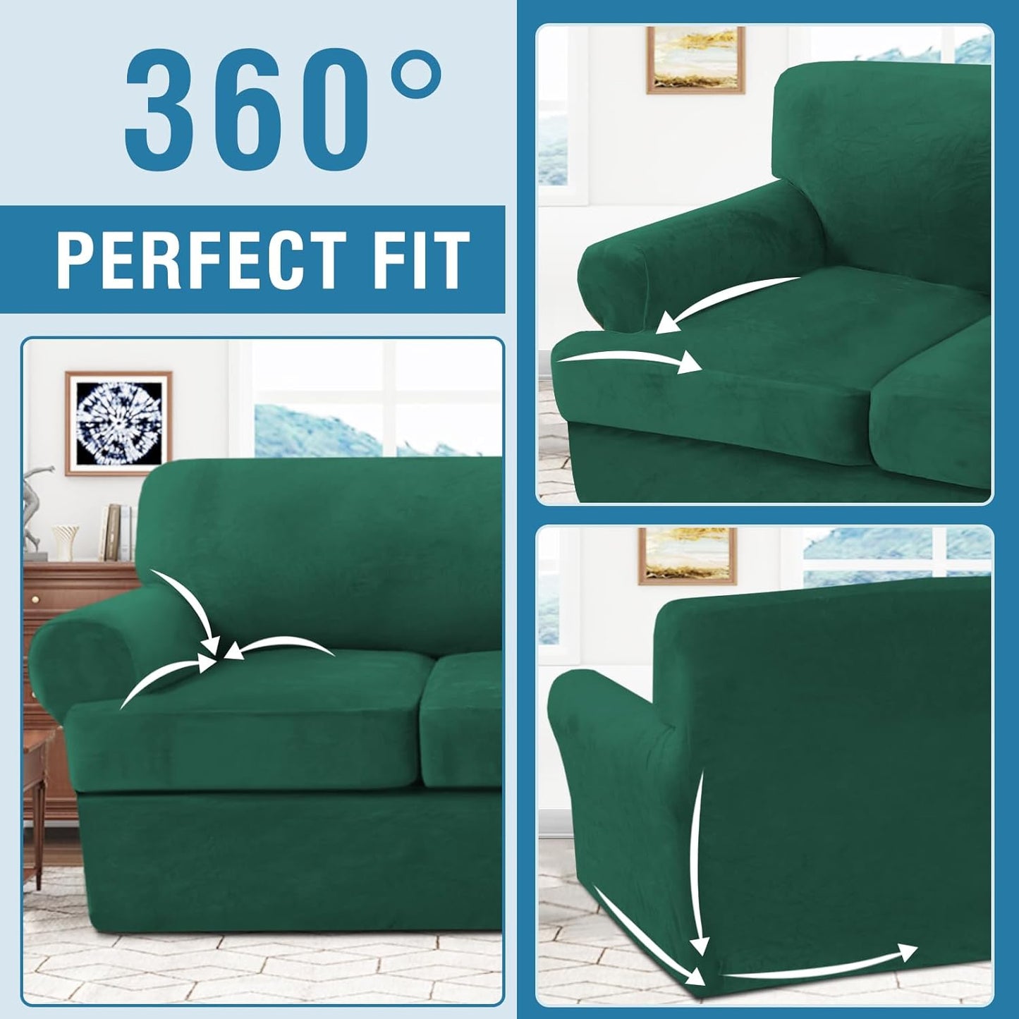 H.VERSAILTEX Sofa Cover 3 Piece T Cushion Sofa Slipcovers Thick Velvet Couch Cover Stretch T Cushion Sofa Covers for 2 Cushion Couch with 2 Individual T Cushion Covers, Vintage Green