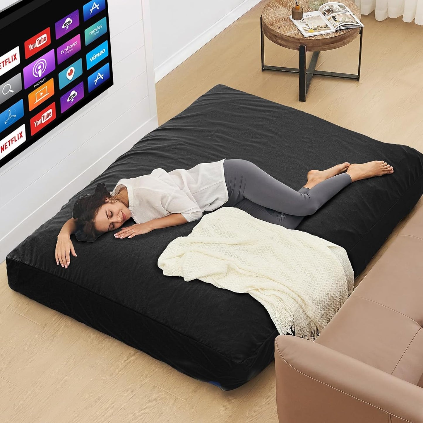 Bean Bag Chairs for Adults - Giant Bean Bag Chair Convertible Bean Bag Bed - Beanbag Chair with Microfiber Cover/Furniture Foam Filler - Floor Couch Sofa in Bedroom Dorm Room - Full Carbon Black