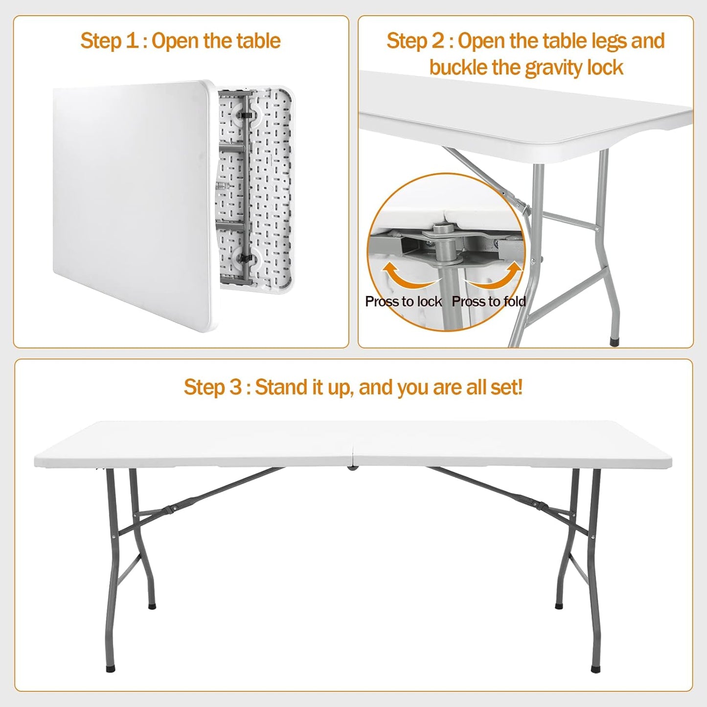 Folding Table 6ft Plastic Folding Table Indoor & Outdoor for Picnic, Camping,BBQ and Party, with Powder Coated Steel Legs and Built in Carry Handle, White