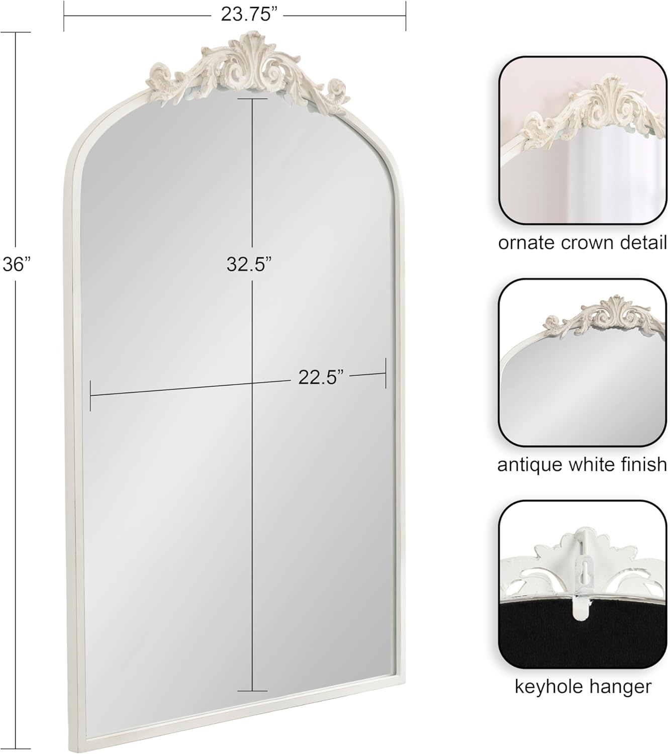 Kate and Laurel Arendahl Traditional Arch Wall Mirror; 24 x 36; Antique White; Vintage Glam Baroque-Inspired Arched Bathroom Vanity Mirror with Ornate Crown