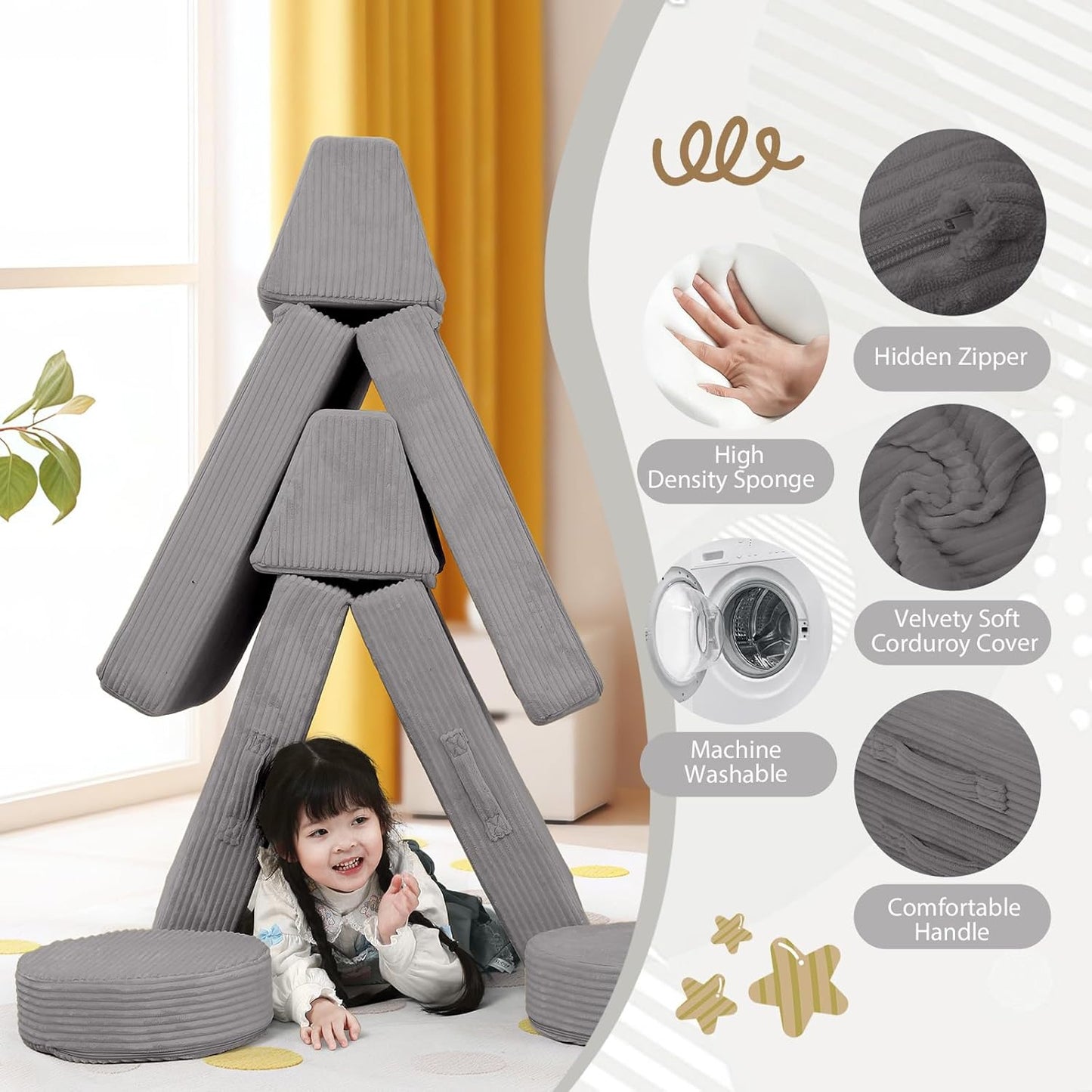 MeMoreCool Kids Couch for Playroom, Corduroy Convertible Toddler Couch, 8 Piece Modular Play Sofa, Foam Fort Building Set for Child Room Furniture, Light Grey