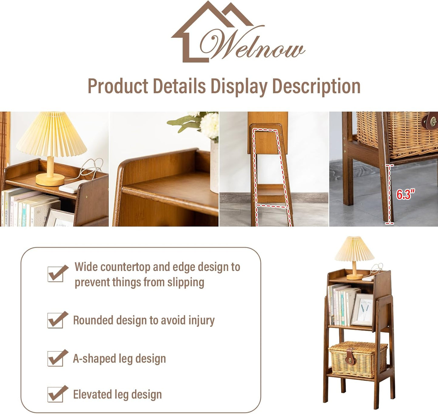 Welnow Bamboo Bookcase with Cabinet, Natural End Table with 1-Tier Storage Shelf, Modern Bedside Organizer Side Table for Bedroom or Living Room, Walnut Bookshelf with Open Space