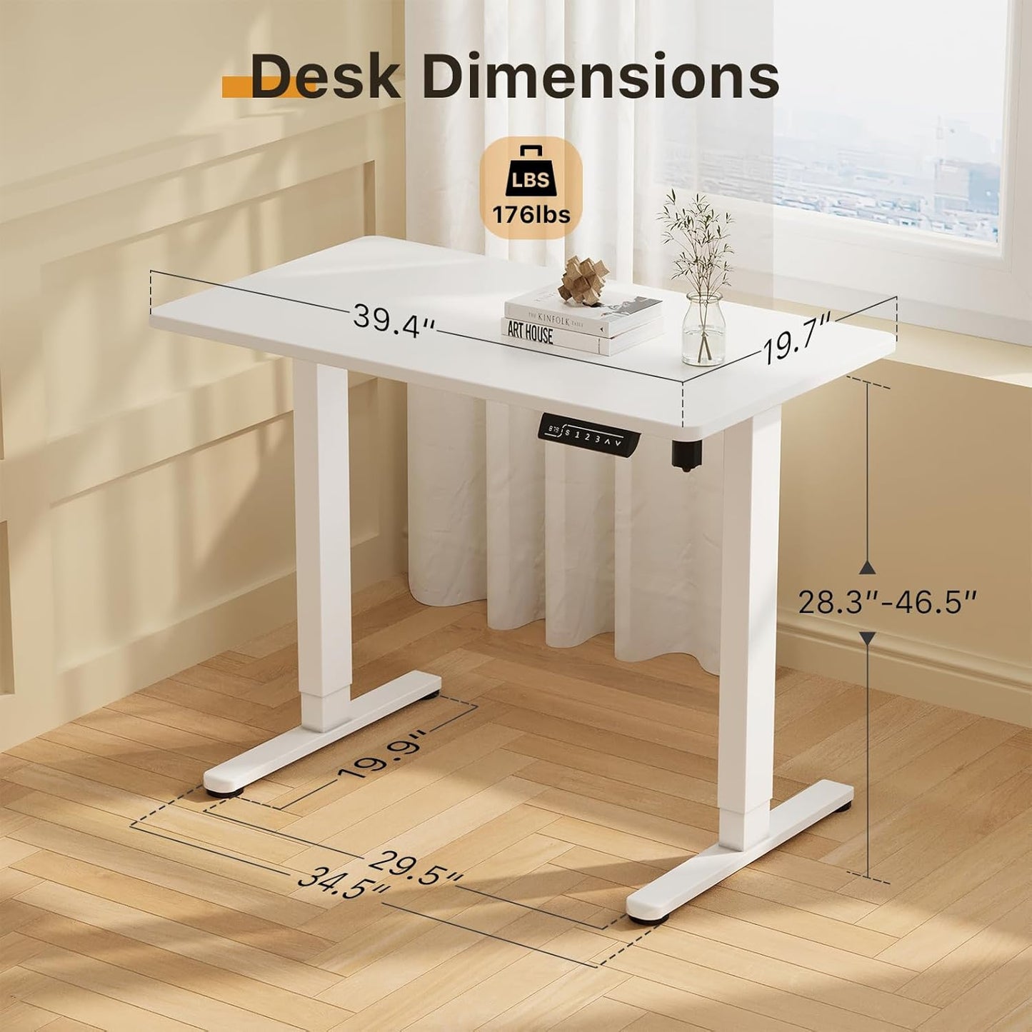 JOY worker Small Electric Standing Desk, 40" x 20" Whole Piece Height Adjustable Desk with Memory Controller, White Sit to Stand Desk Workstation for Home Office