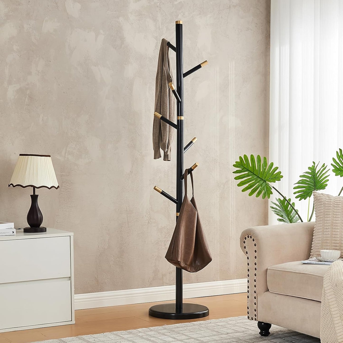 CozyDH Black Coat Rack Freestanding Solid Wood Coat Rack Stand, Coat Tree Freestanding with 7 Hooks Creative Tree Branch-look for Entryway, Hallway, Bedroom