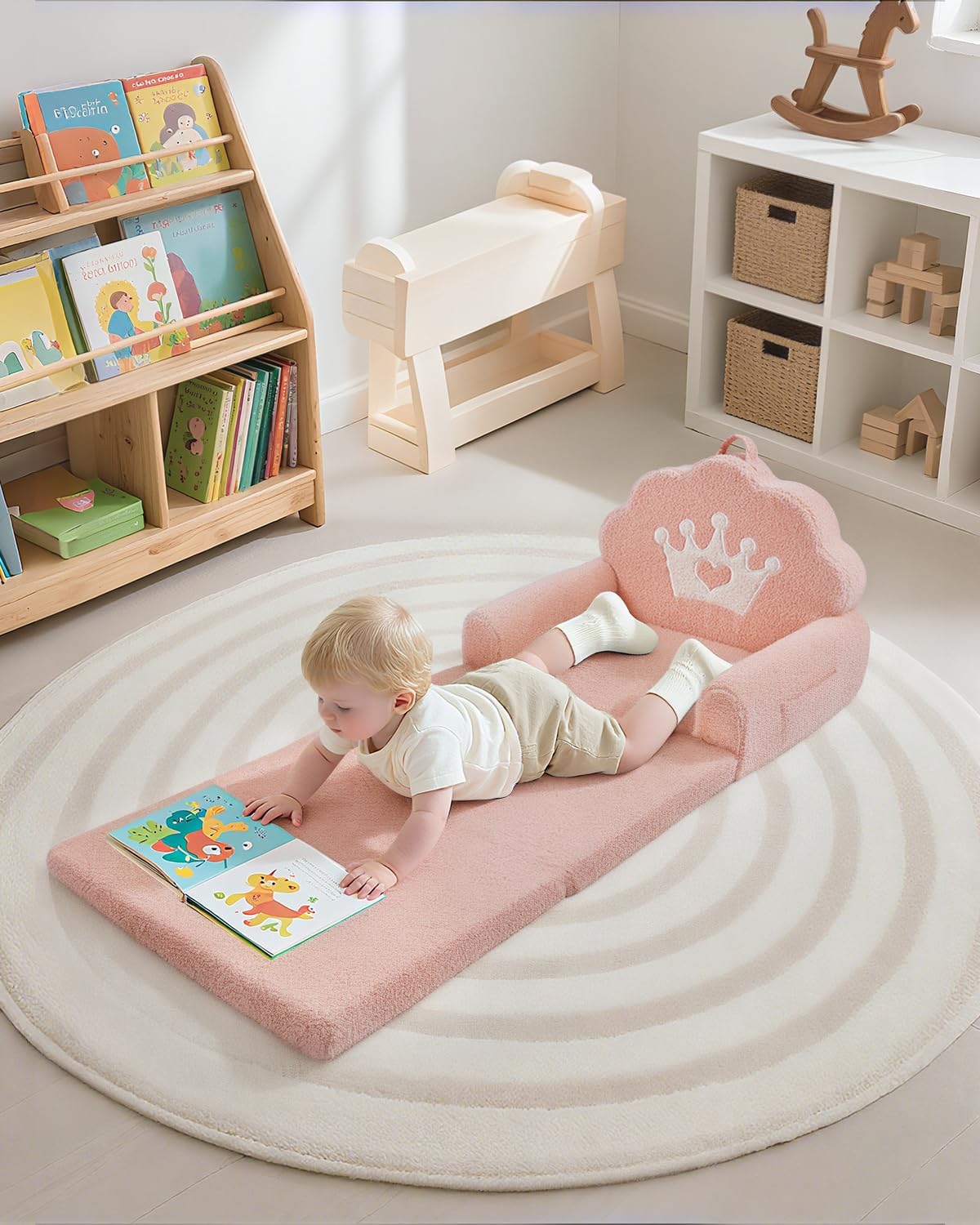 2-in-1 Kids Couch Fold Out, Soft Teddy Sherpa Toddler Couch with Crown Design, Convertible Kids Sofa to Lounger for Nap & Playtime, Cozy Children's Furniture for Boys & Girls, Pink