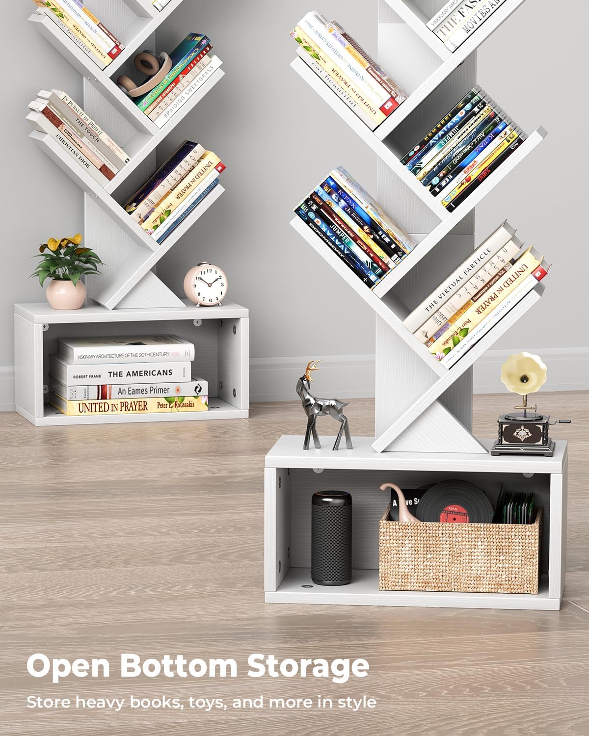 6 Tier Tree Bookshelf with Light, Narrow Bookcase Tower, Tall Floor Standing Book Shelf Organizer with Storage Cabinet for Living Room, Bedroom and Home Office, White