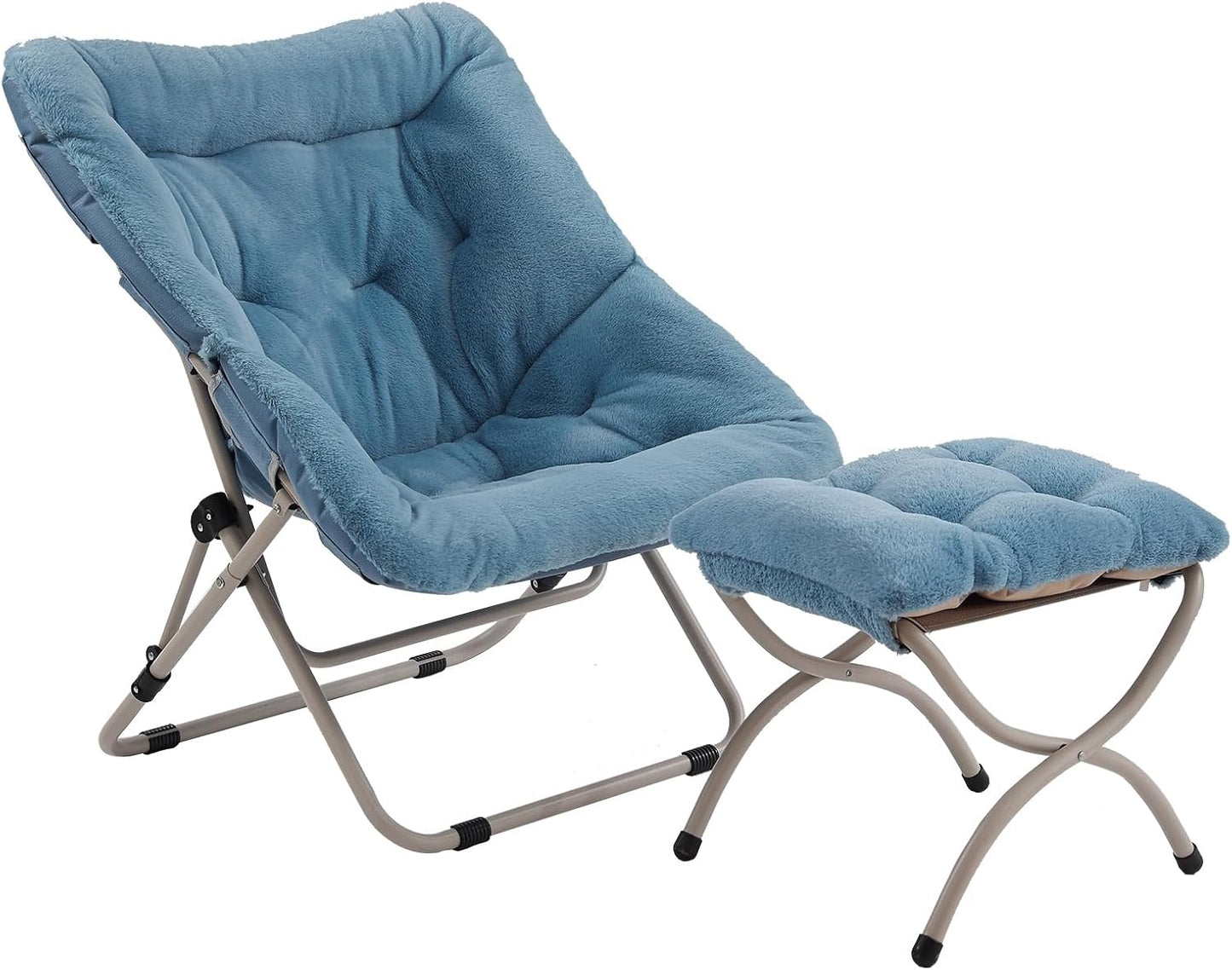 Tiita Folded Chair with Ottoman, Soft Faux Fur Oversized Folding Accent Chair,Lounge Lazy Chair, Metal Frame Moon Chair for Bedroom, Living Room, Dorm Rooms, Garden and Courtyard