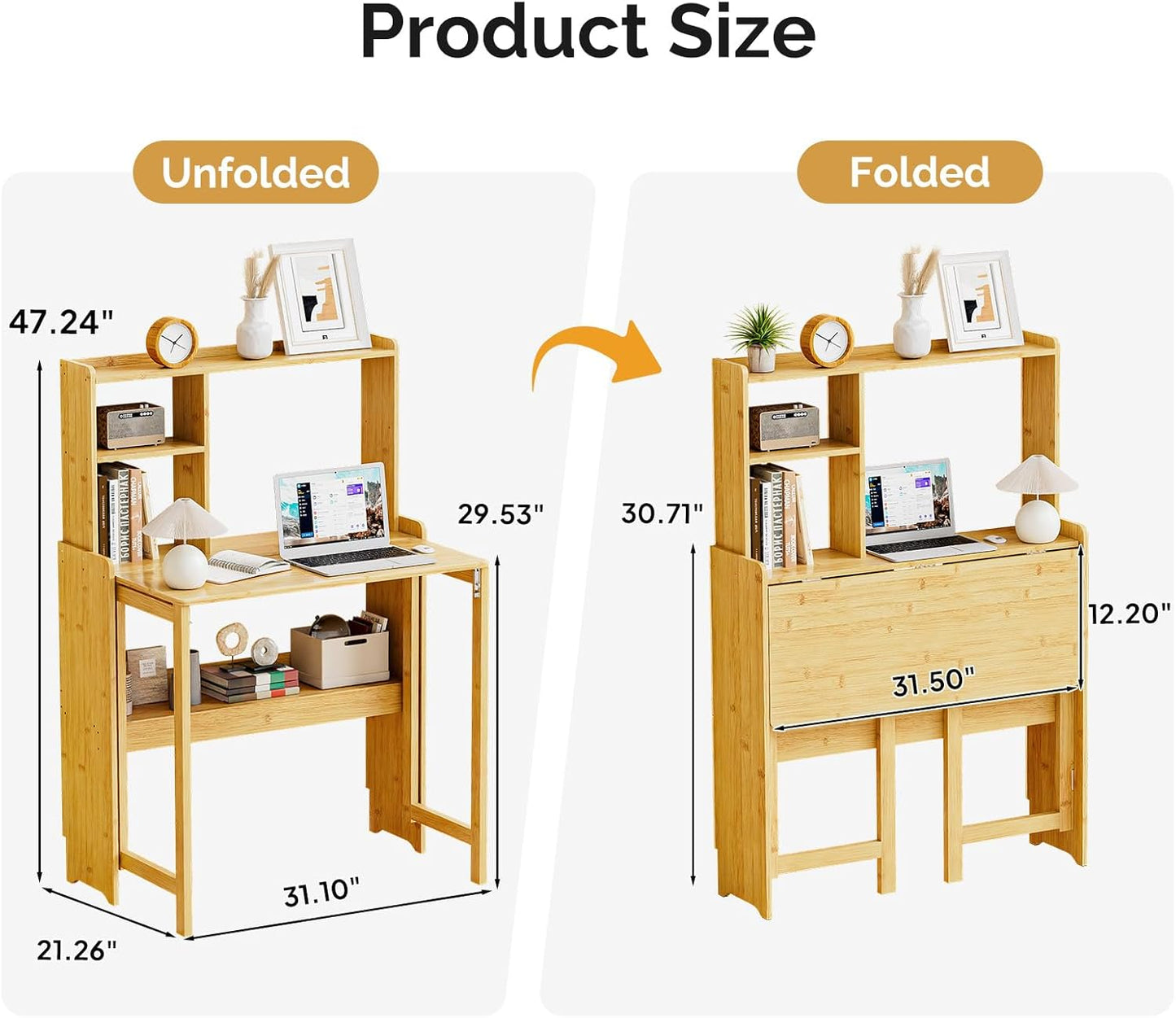 31.1" Bamboo Folding Desk with Bookshelf, Compact Computer Desk for Small Spaces, Foldable Study Desk with Storage Shelf, Space-Saving Home Office Desk for Bedroom, Dorm, Apartment,Natural