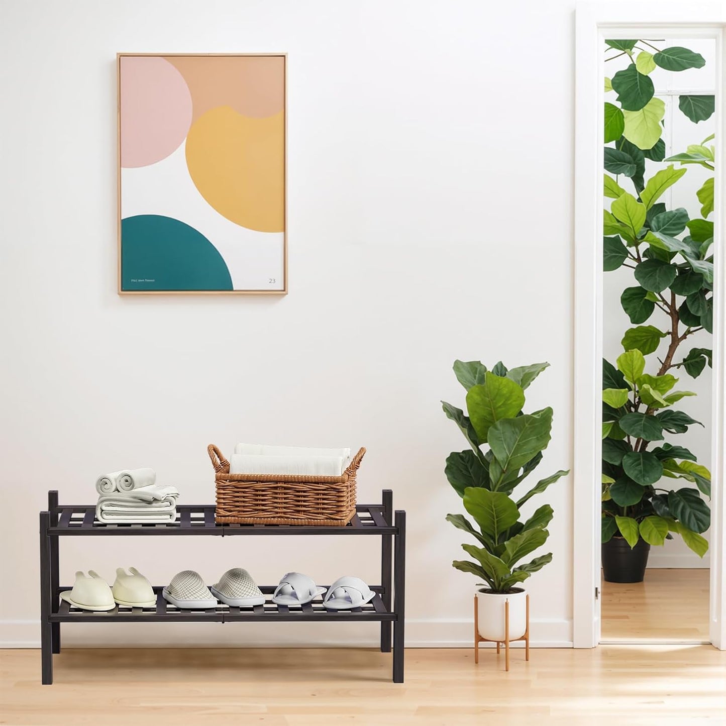 Haddockway 2 Tier Bamboo Shoe Rack Storage Organizer, Multifunctional Free Standing Stackable Shoe Shelf with Grid Panel for Closet,Hallway,Entryway,Small Space 27"x11"x13"(Brown, 2 Tier)