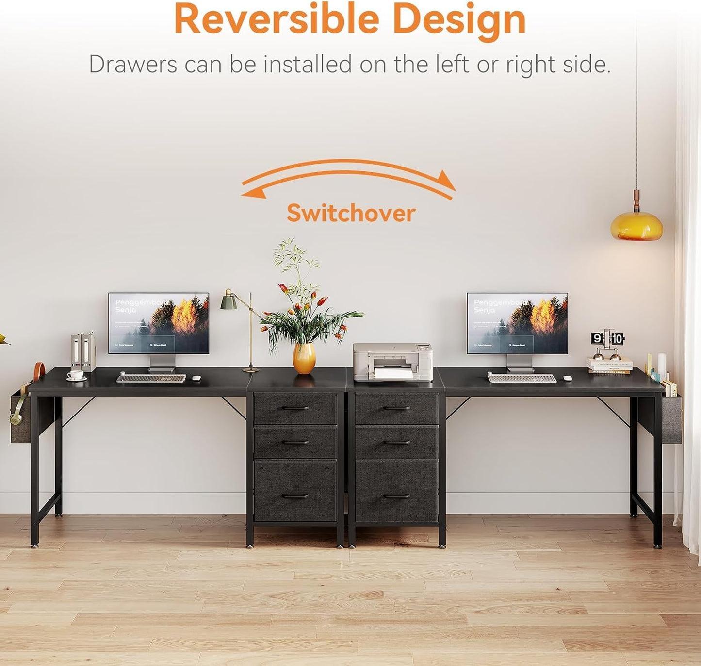 Casaottima 48" Small Computer Home Office Desk for Bedroom with Fabric Drawers & File Cabinet, Cloth Storage Bag and Hook, Writing Study Work Table for Small Space, Black