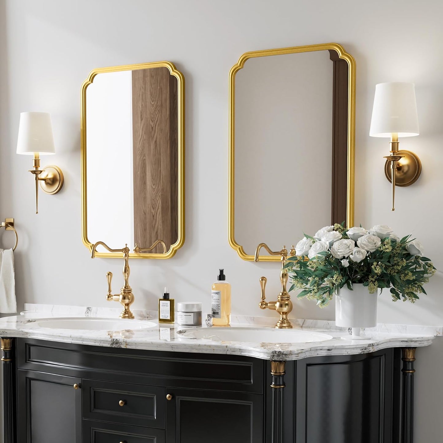 22x34 Inch Gold Bathroom Mirror, Metal Framed Wall Mirror with Rounded Edges, Rustproof Horizontal Vertical Hanging for Vanity Over Sink