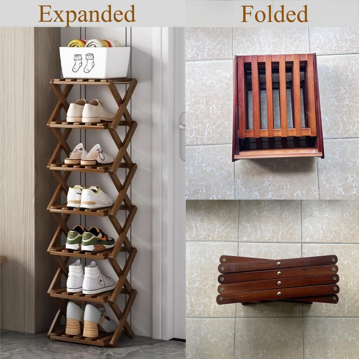 Shoe Rack, Bamboo Foldable Shoes Organizer Free Standing Shelf for Entryway, Closet, Bedroom, Hallway, | Natural | Functional | Multifunctional Shoe Rack (Brown Color) 7 Layers