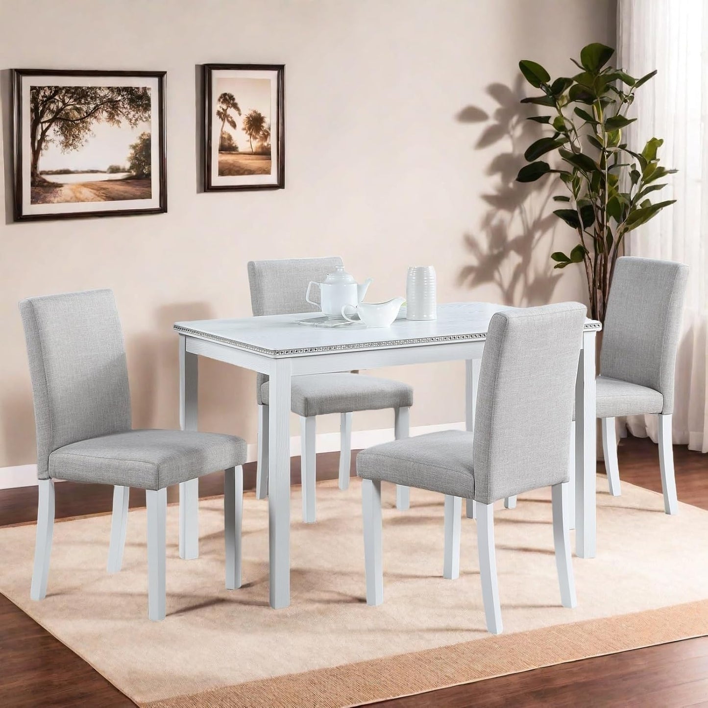 Dining Table Set for 4, 5-Piece Dining Room Table Set with Rectangular Crystal Decoration Table & 4 Upholstered Backrest Chairs, Counter Height Kitchen Sets with MDF Tabletop, White