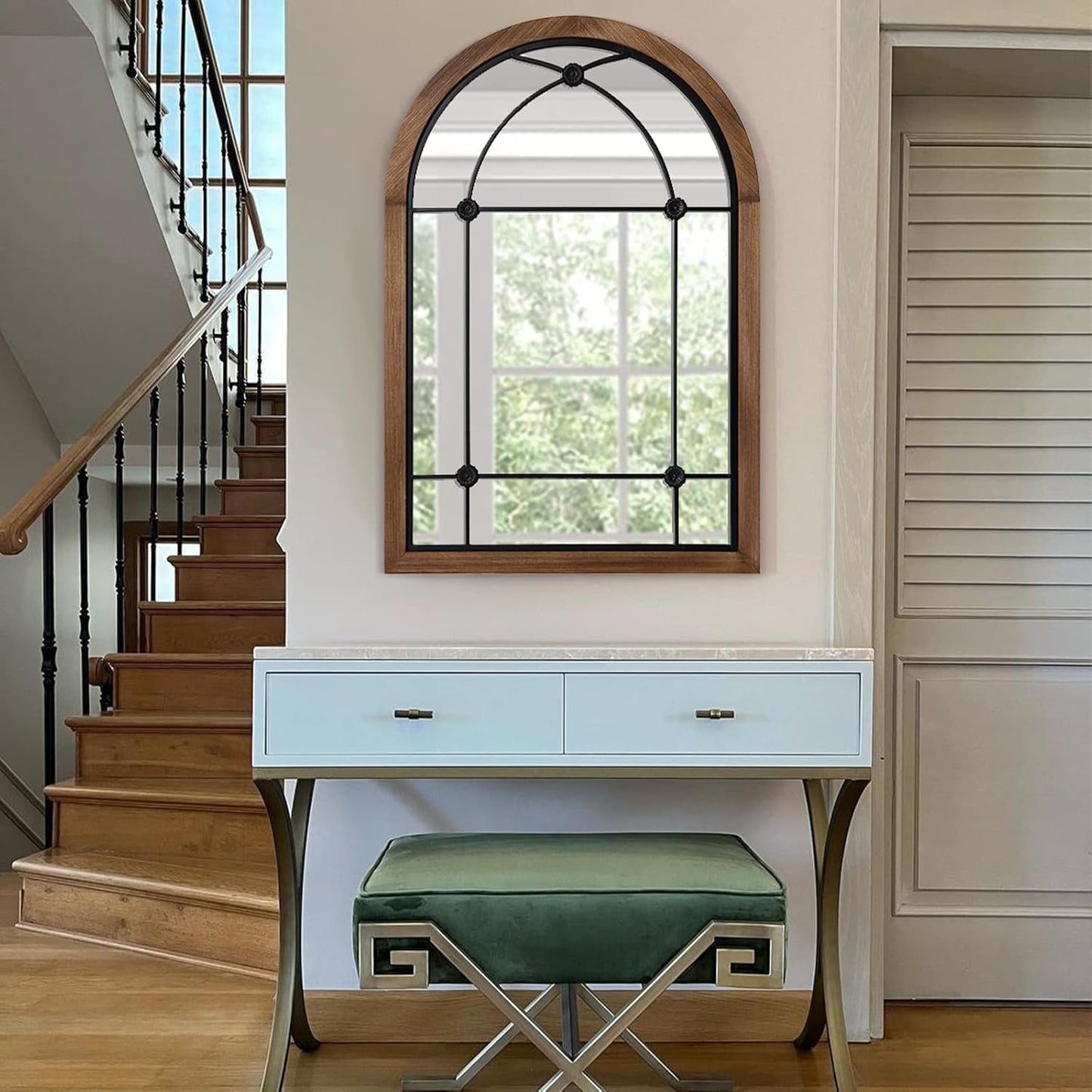 blue page Arched Mirror, Farmhouse Wall Decor Accent, Rustic Wood Framed Mirror Like Window for Bathroom, Bedroom, Entryway, or Living Room