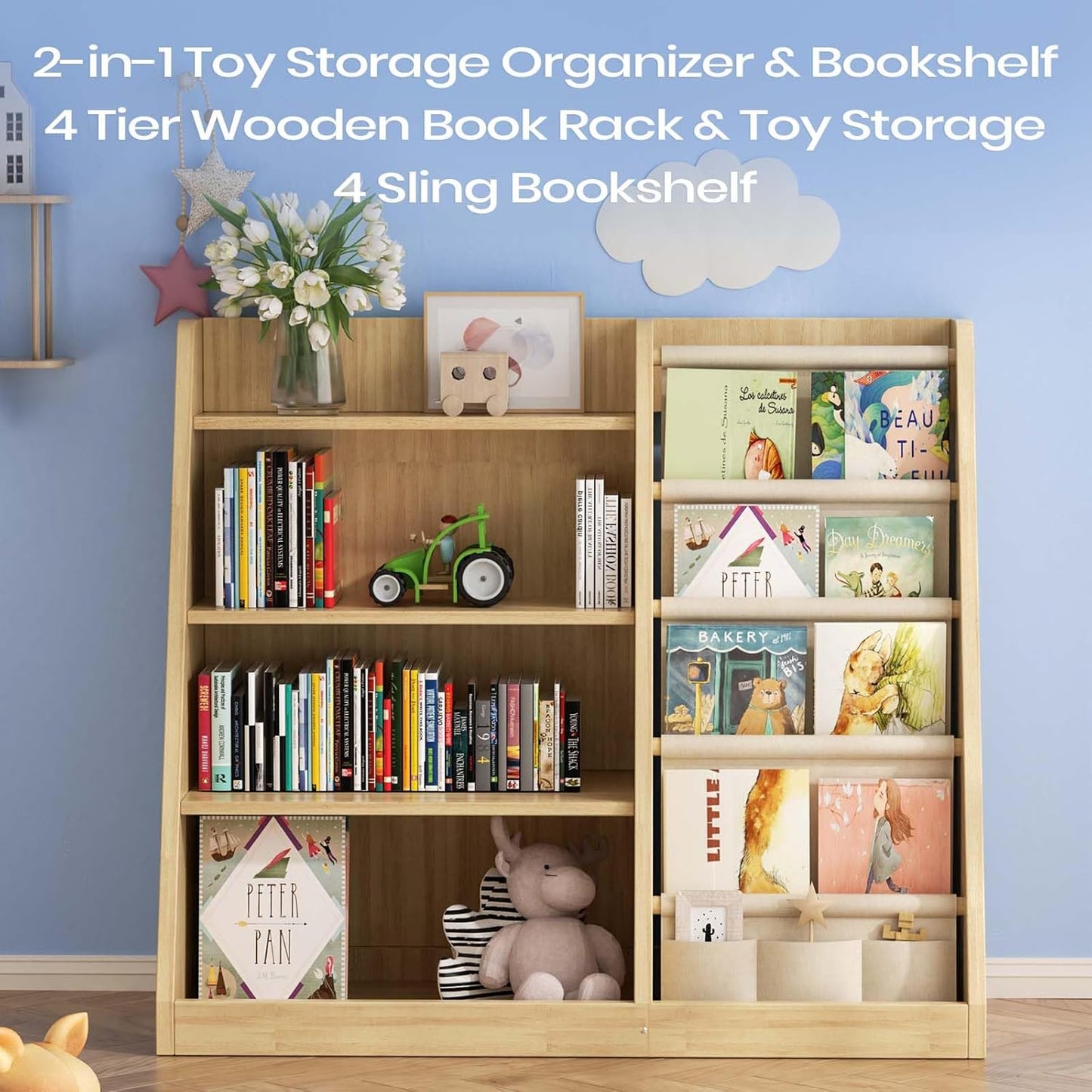 Kids Bookshelf and Toy Storage Organizer, 4 Tier Wooden Kids Book Shelf with Sling Book Rack in Kids Room Playroom Nursery for Kids, Children, Toddlers