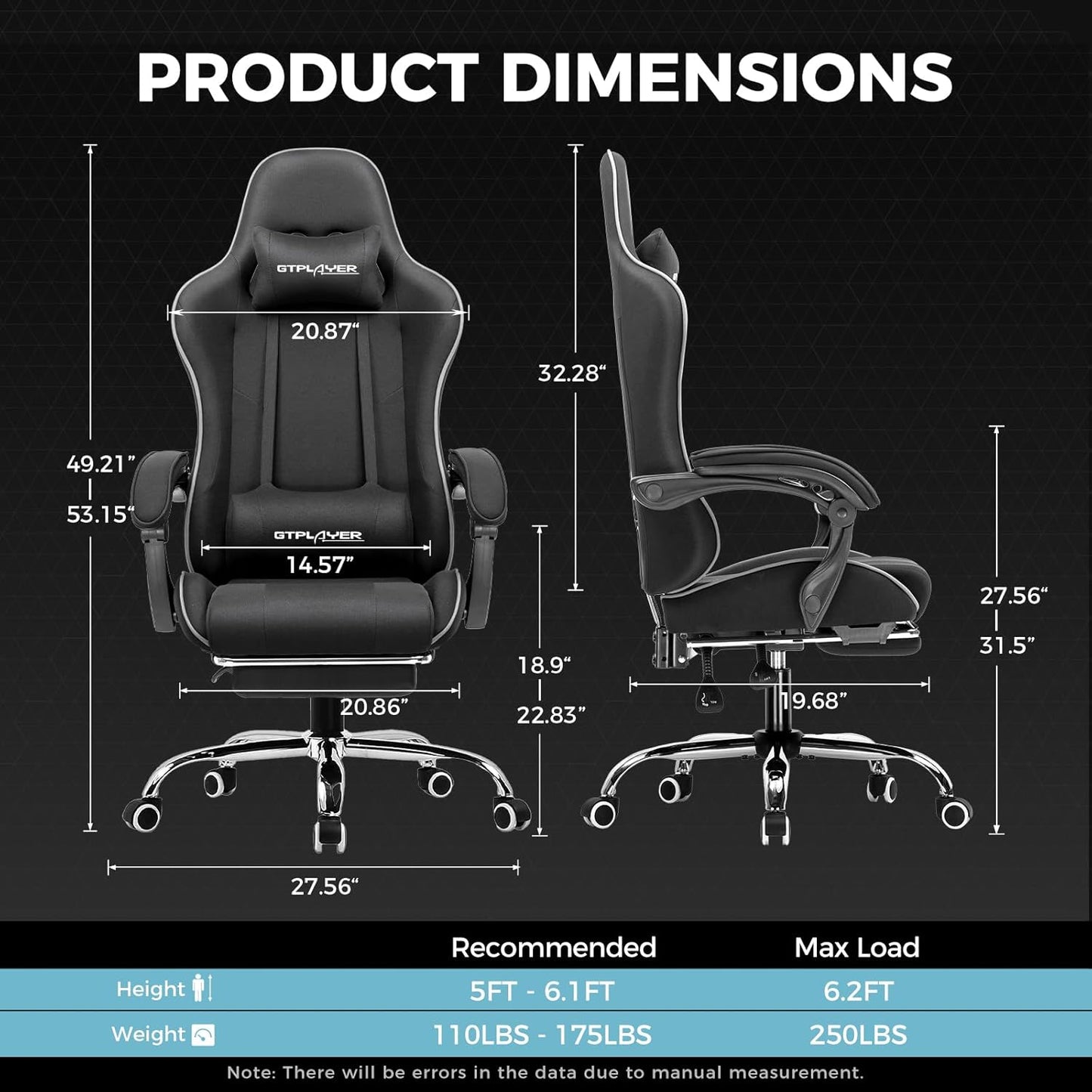 GTPLAYER Gaming Chair with Footrest, Computer Chair with and Lumbar Support, Height Adjustable Game Chair with 360°-Swivel Seat and Headrest and for Office or Gaming (All Black-Fabric)